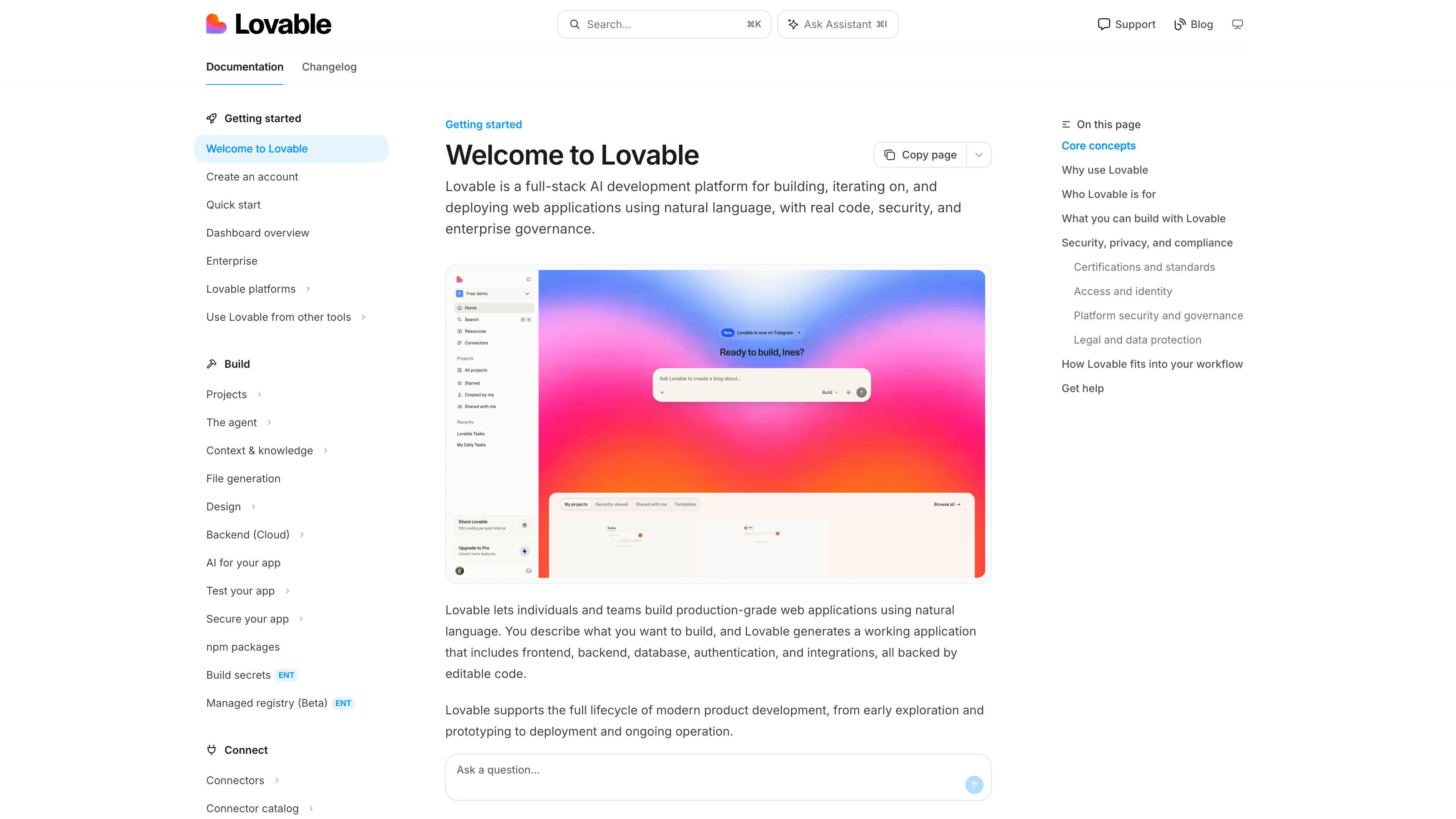 Lovable's documentation site: quick start, features, integrations, and API reference