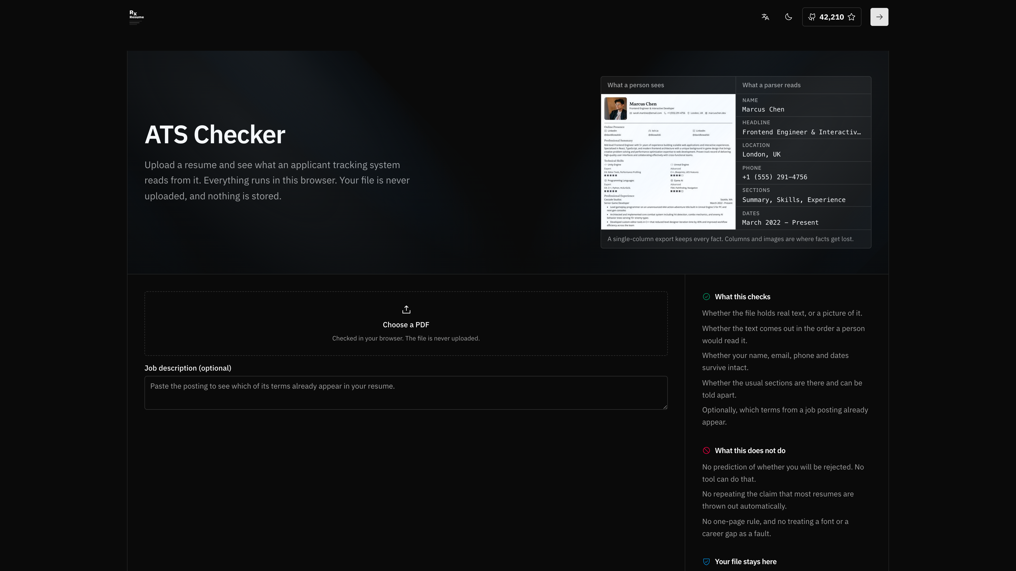 The public ATS Checker page: an upload panel on the left, and a side-by-side comparison of what a person sees versus what a parser reads