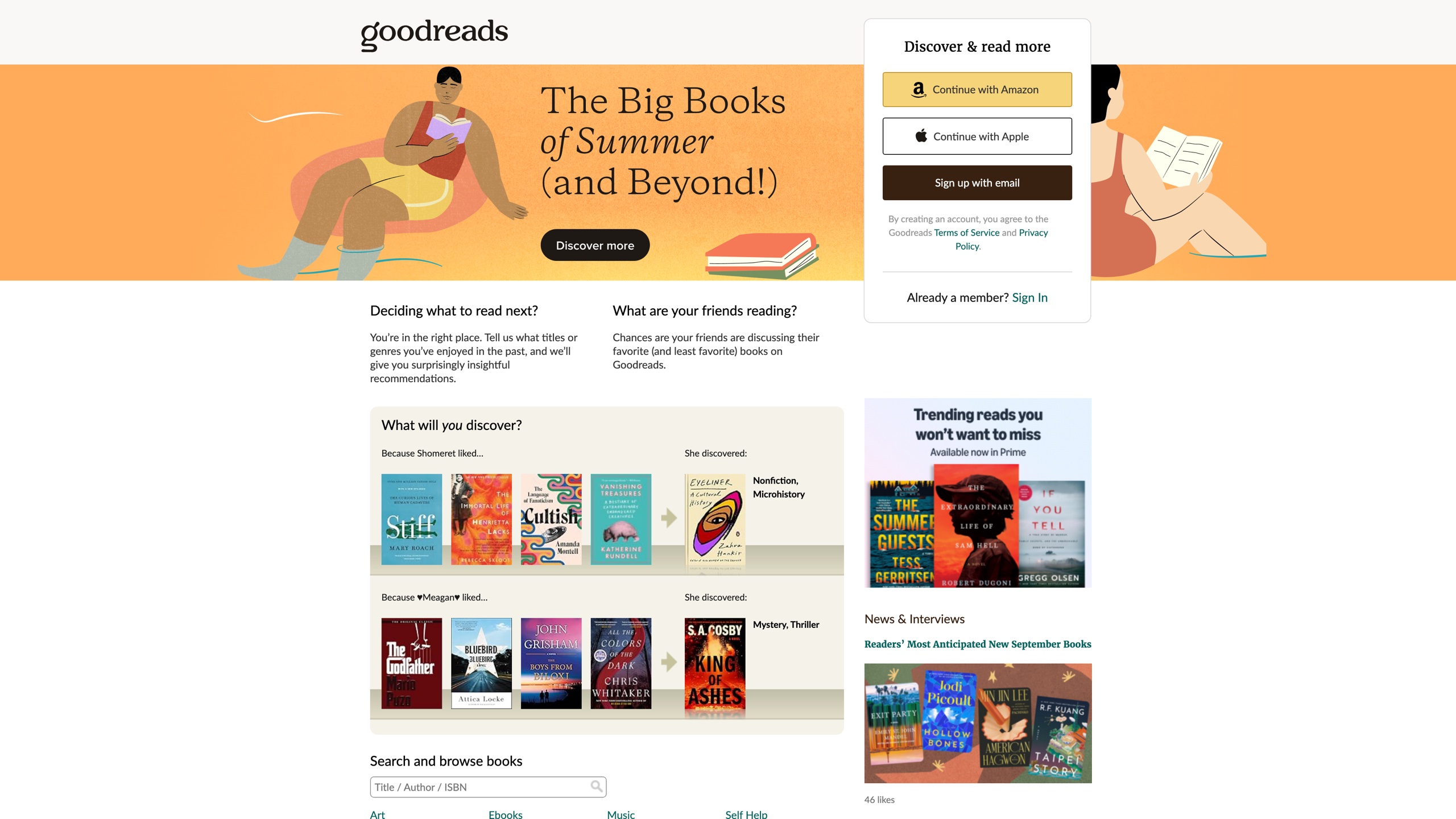 The logged-out Goodreads homepage: taste-based recommendation rows and trending new releases