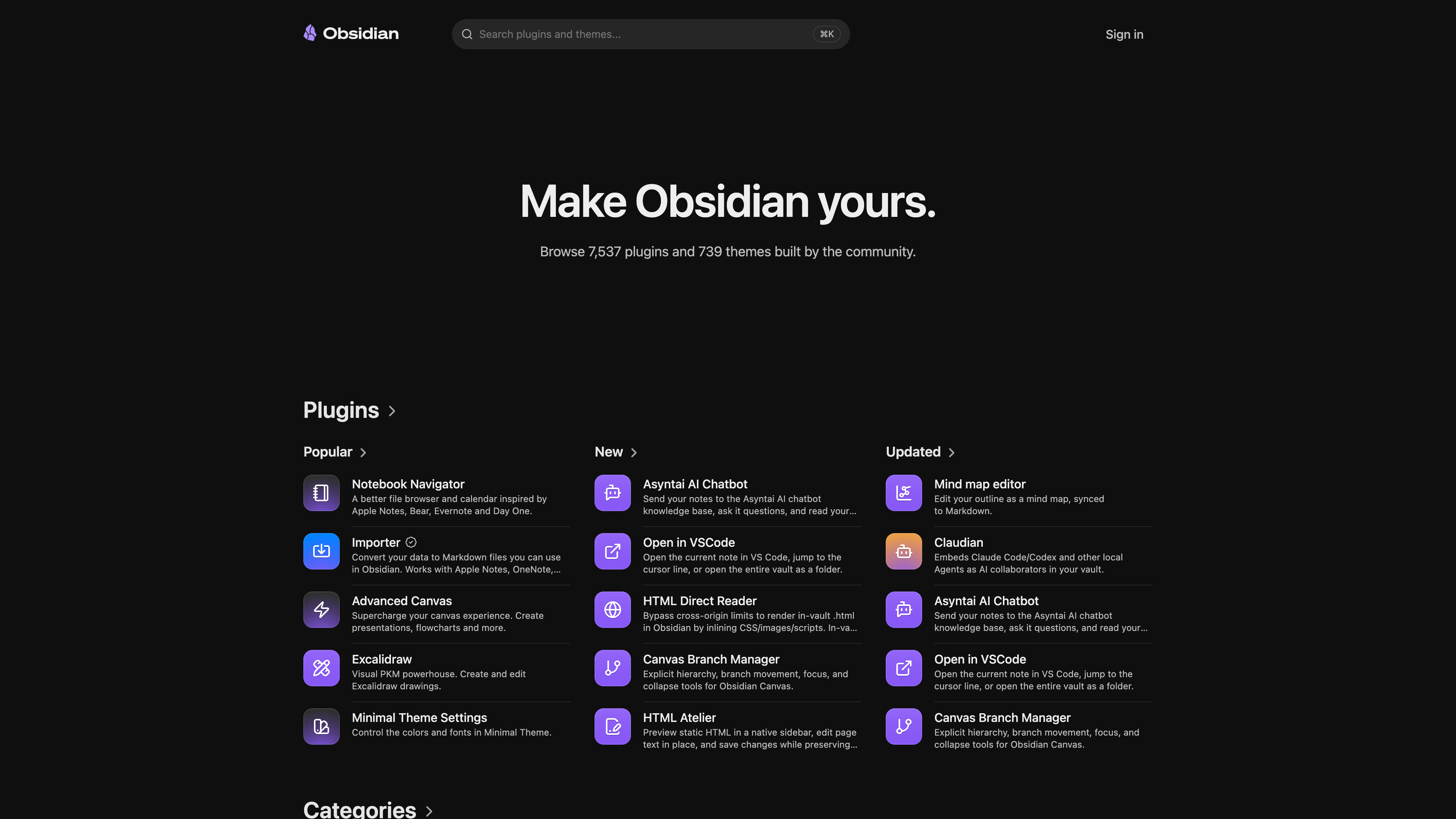 The official Obsidian community directory: the header reads "Browse 7,537 plugins and 739 themes built by the community," with plugins listed under Popular, New, and Updated