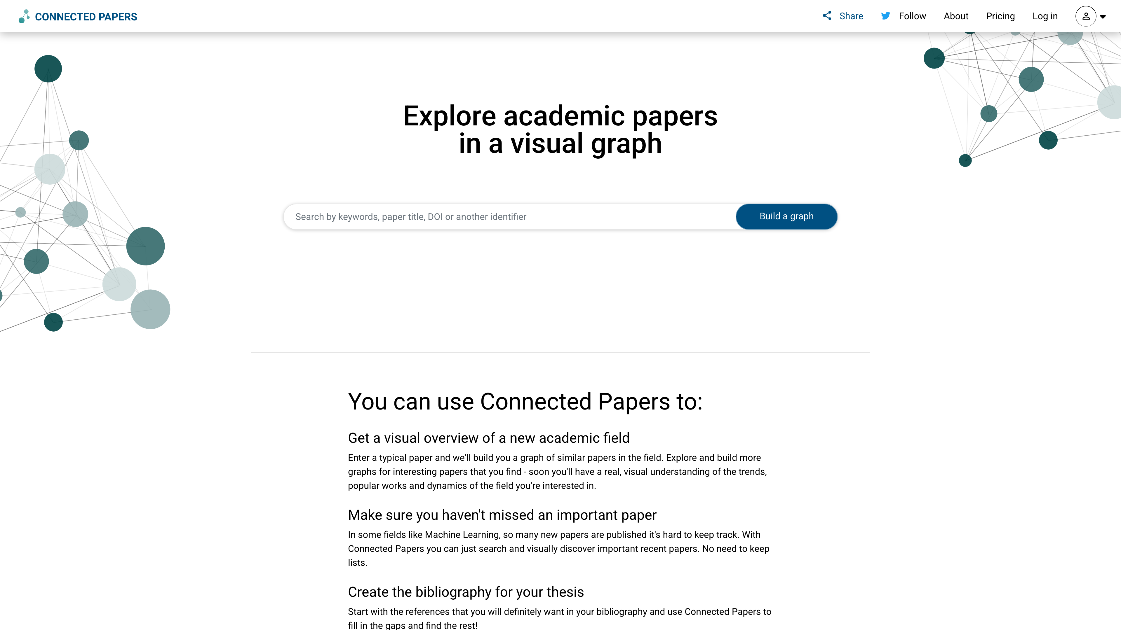 The Connected Papers home page: enter a paper identifier to build a similarity graph