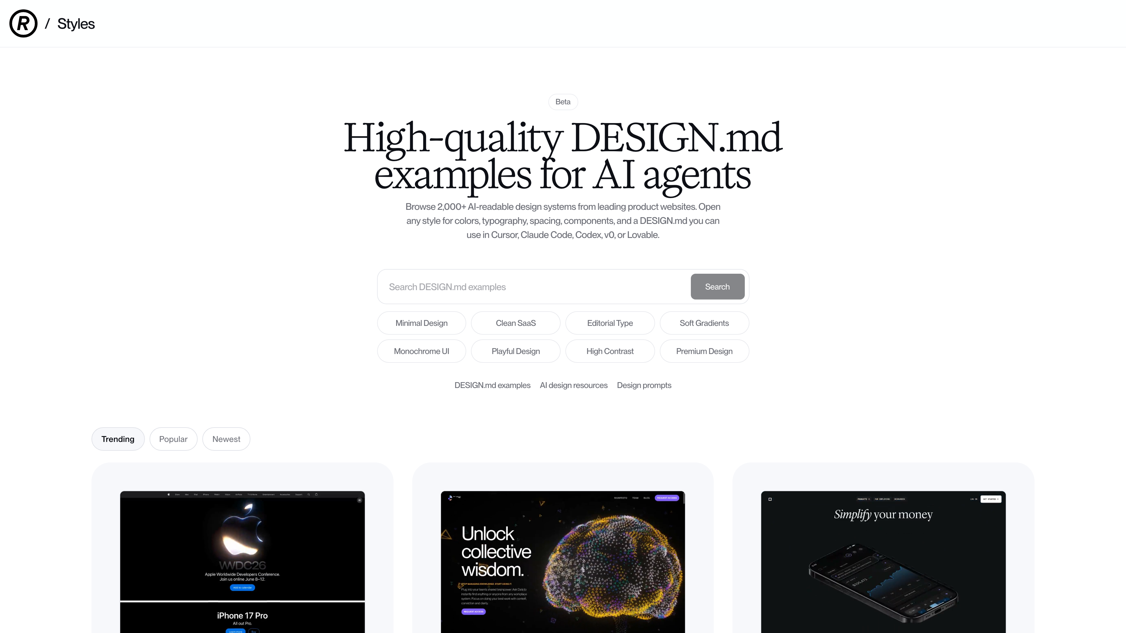 The Styles (Beta) site, offering 2,000+ AI-readable design systems