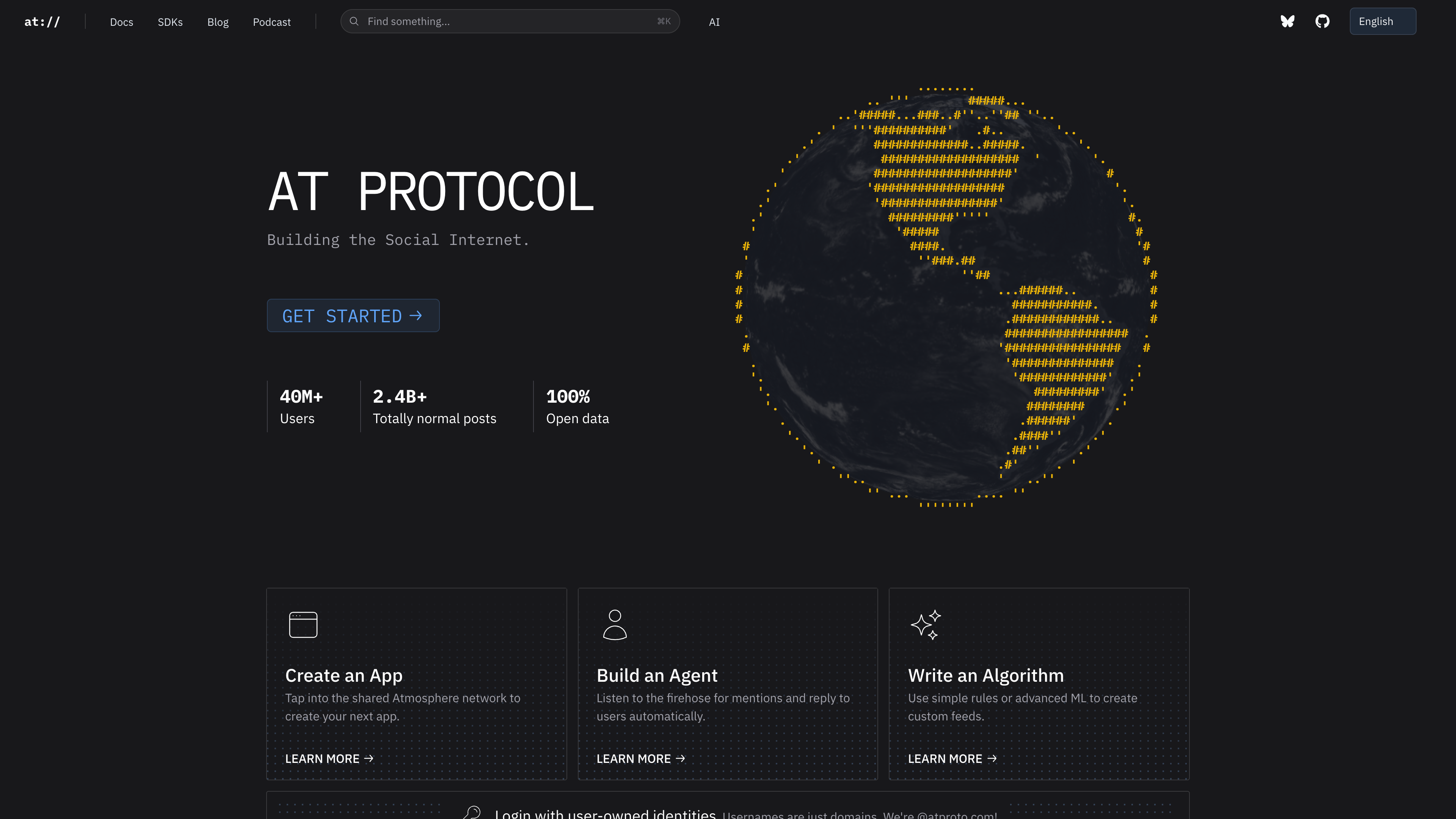 The AT Protocol homepage: "Building the Social Internet," showing 40M+ users, 2.4B+ posts, 100% open data, and entry points for building apps and algorithms