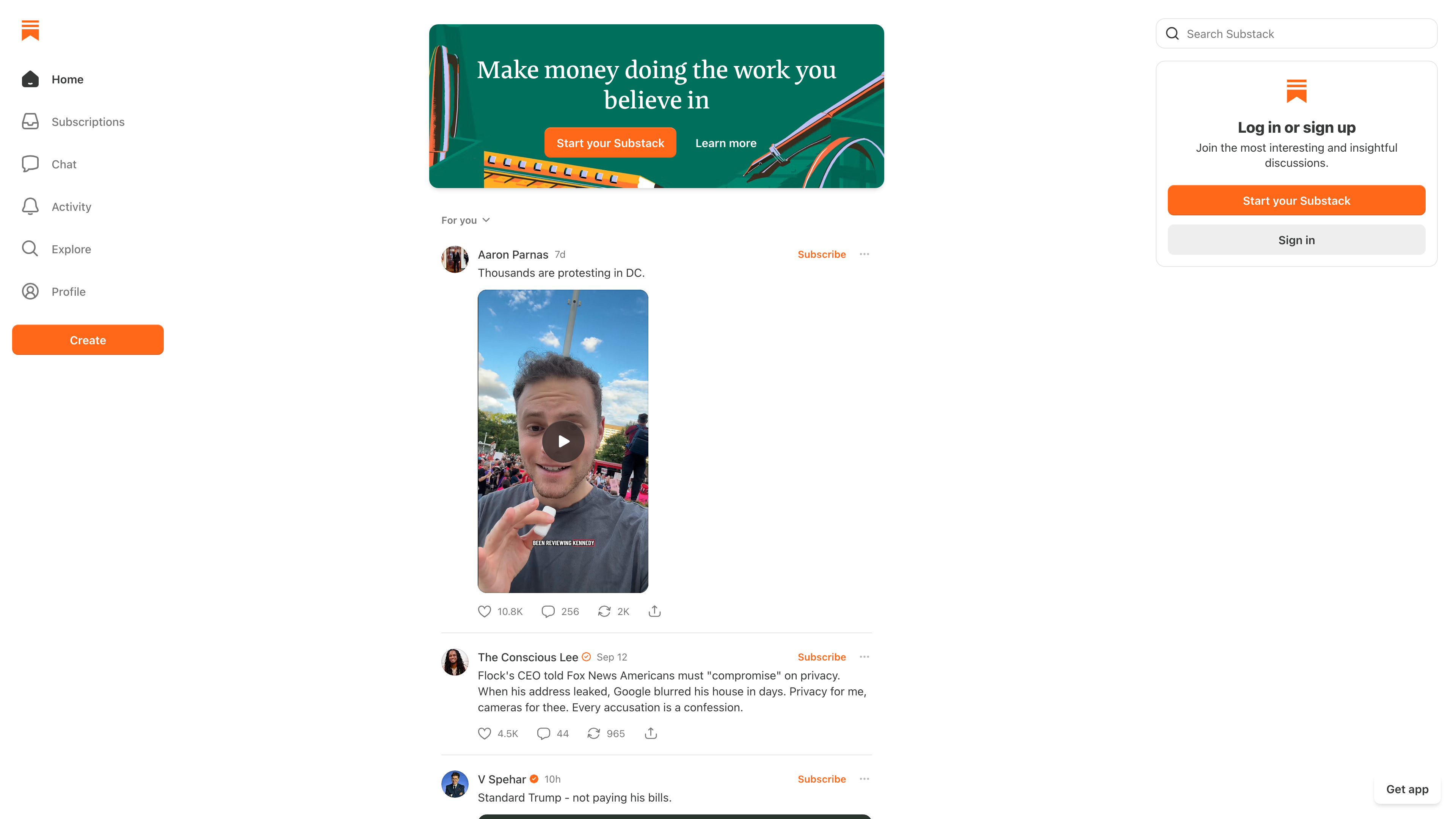 Substack homepage: a top banner reading "Make money doing the work you believe in," above a "For you" feed of posts, with Home, Subscriptions, Chat and Explore navigation on the left
