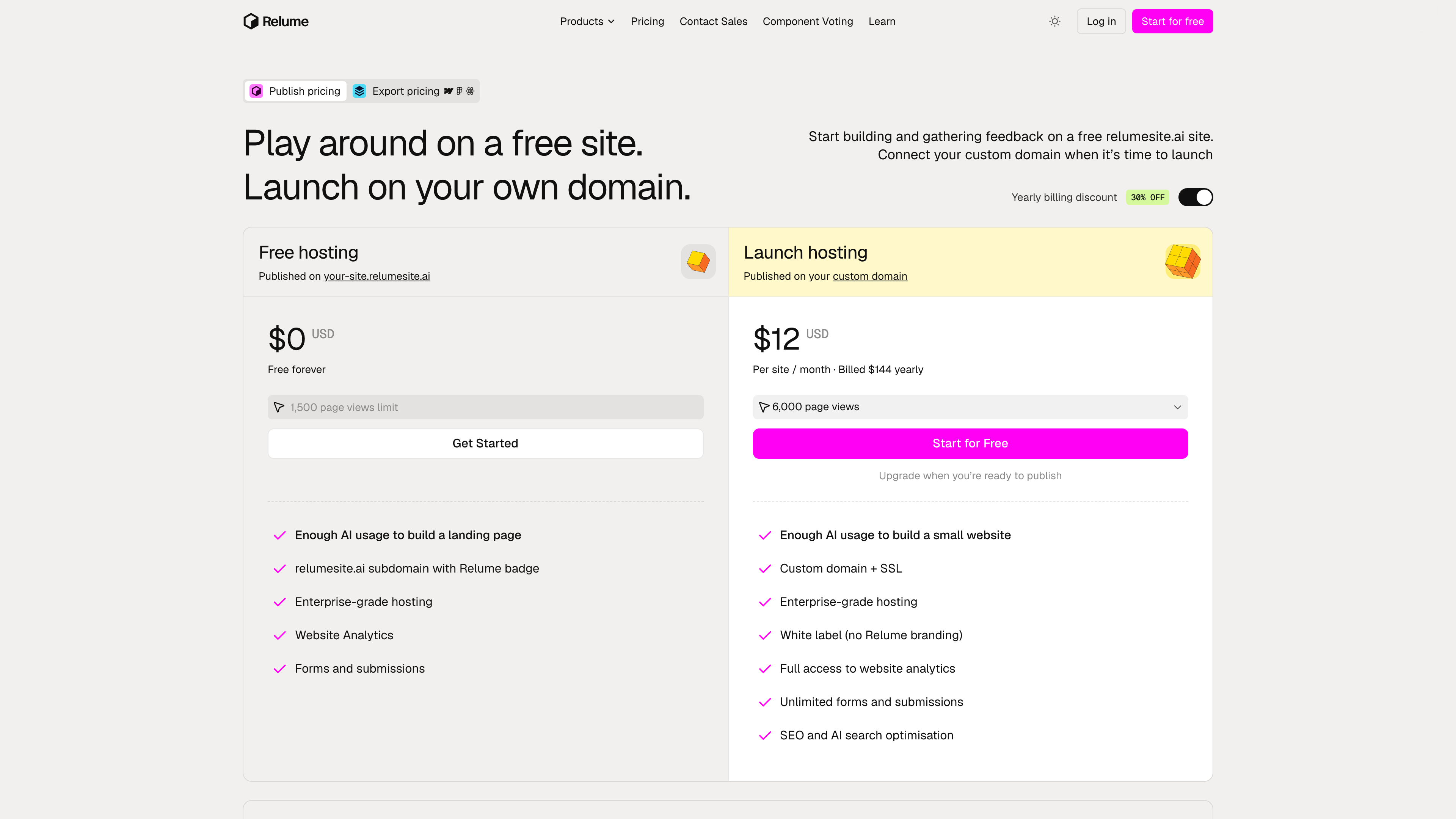 Relume pricing page: the Publish line's free hosting and Launch hosting tiers