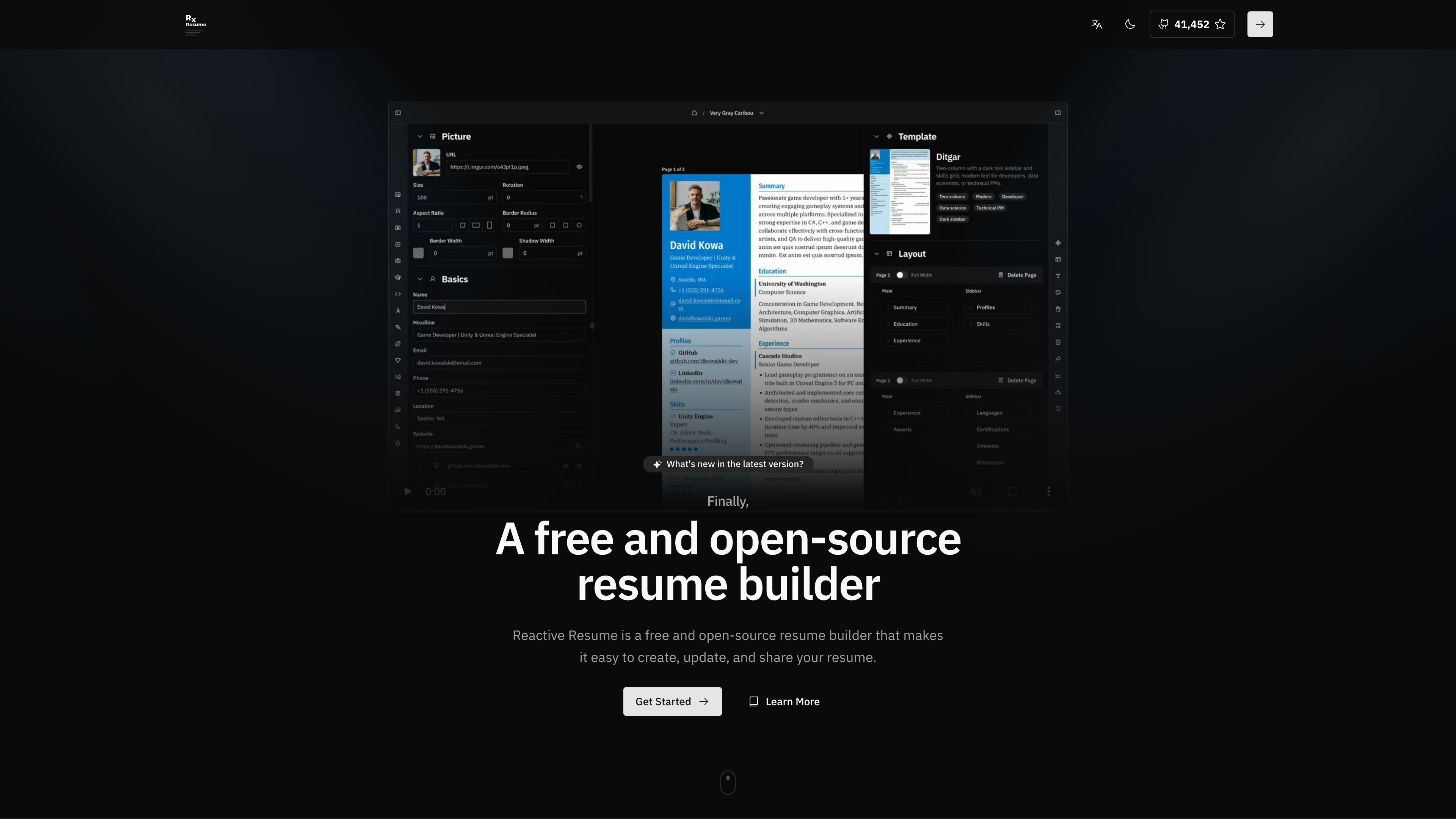 The Reactive Resume homepage: the hero shows the resume builder under the headline "A free and open-source resume builder"