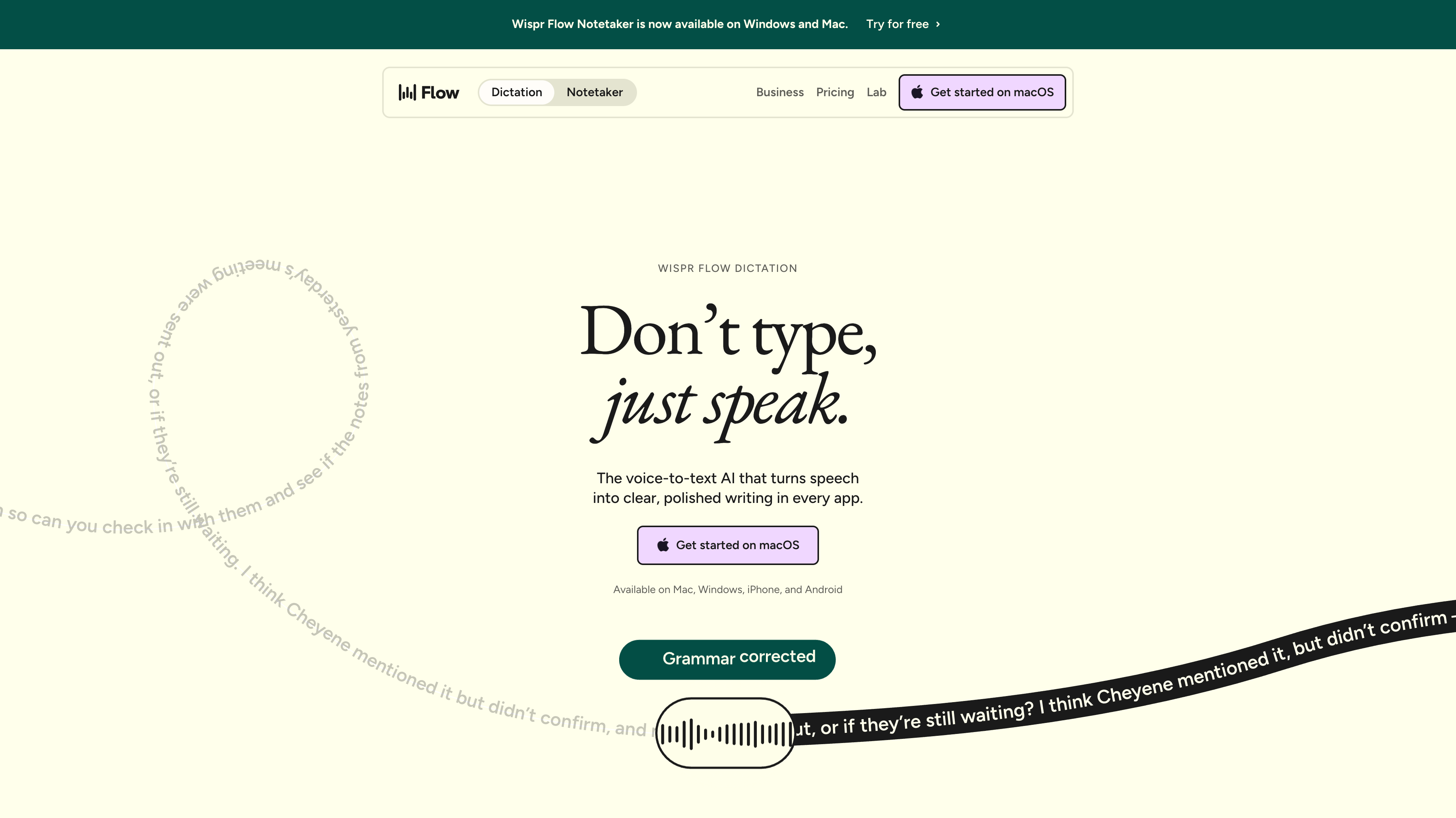 The Wispr Flow homepage: the "Don't type, just speak." hero, with a top bar announcing Notetaker on Windows and Mac