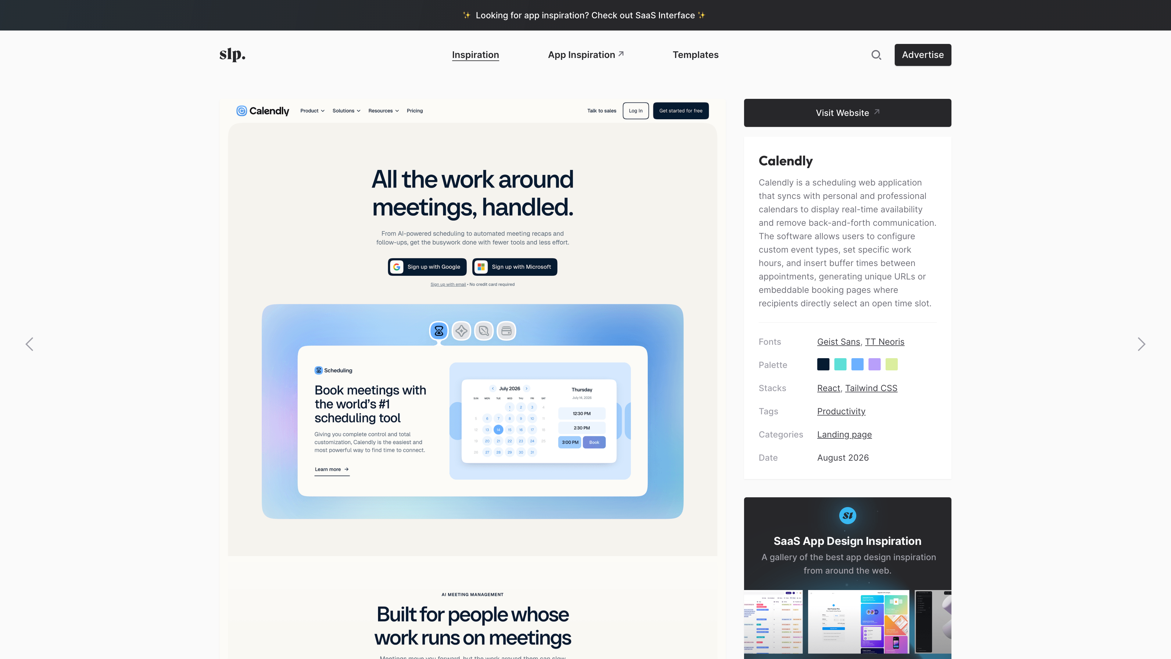 Calendly entry page: full-page screenshot with fonts, palette, and stack annotations