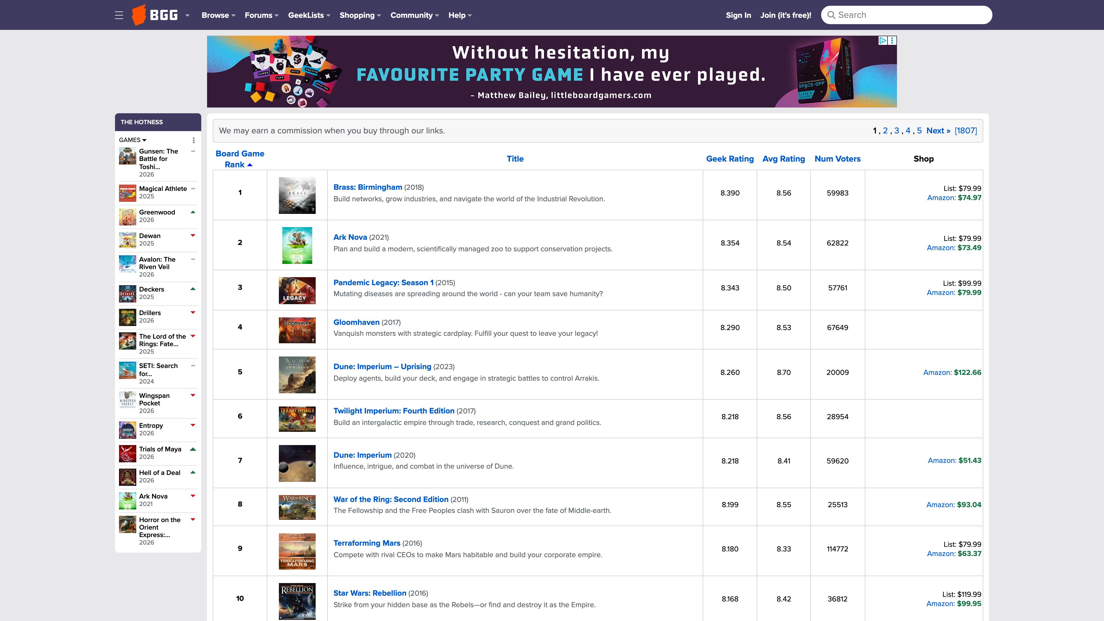 The BGG board game rankings: Geek Rating, average rating, voter counts and shop links
