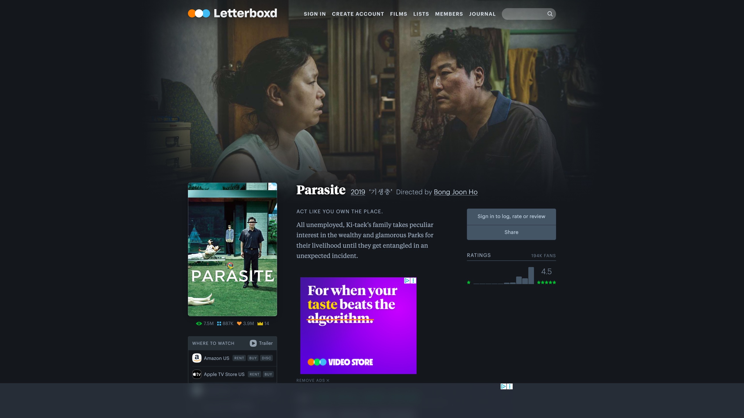 The Parasite (2019) film page: poster and "Where to watch" options on the left, rating histogram and weighted average on the right