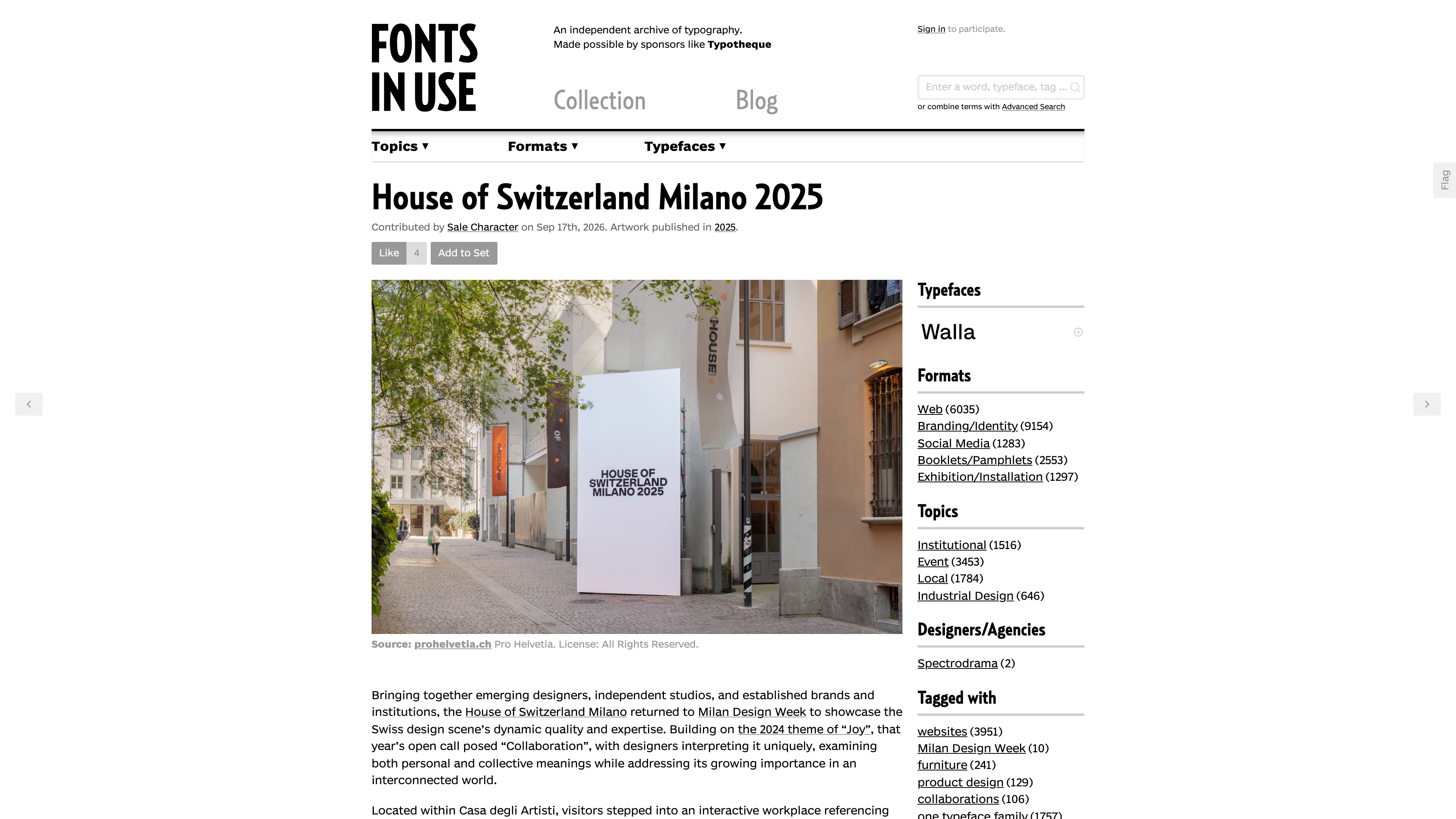 A Use page: House of Switzerland Milano 2025, with contributor, source, and license captions