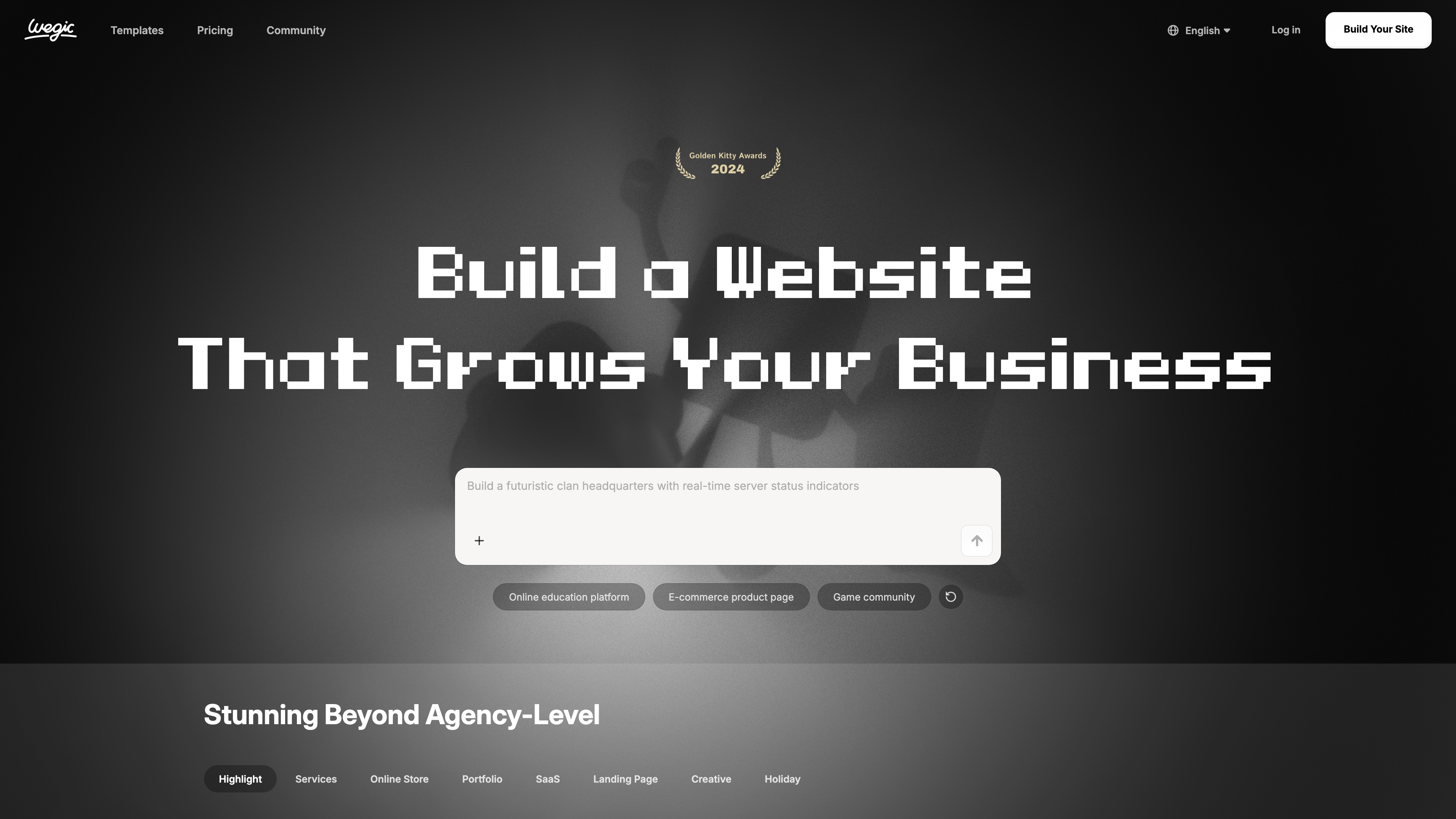 Wegic homepage: a chat input box where you describe the site you want in one sentence