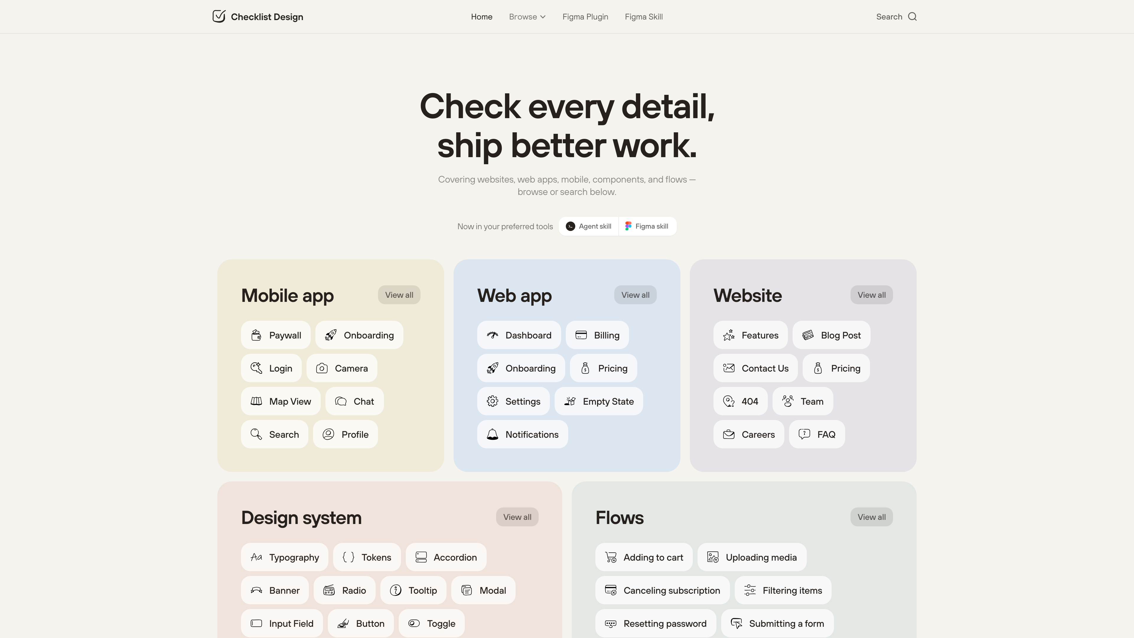 The Checklist Design homepage, with entry points grouped into Mobile app, Web app, Website, Design system and Flows