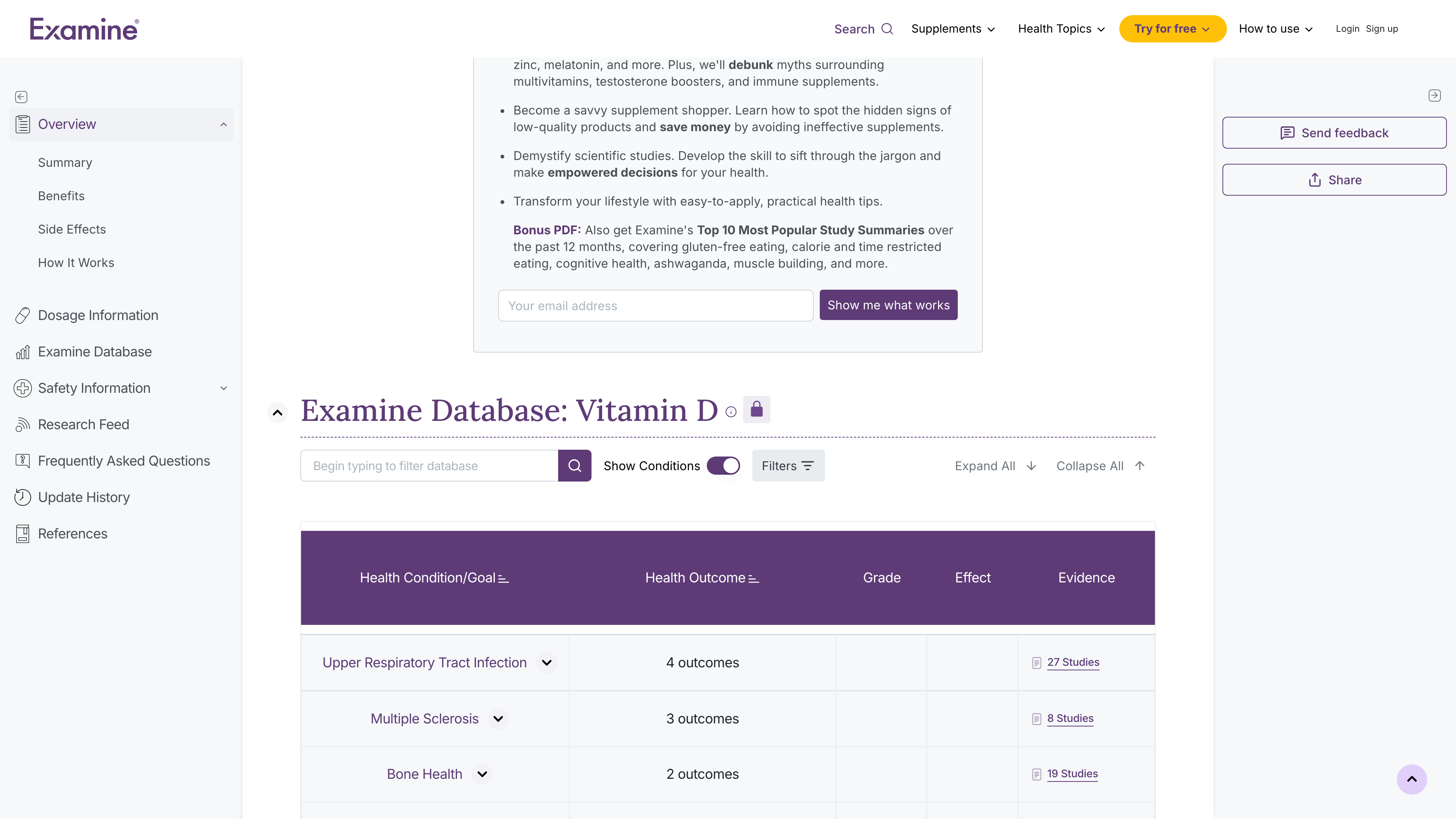The Examine Database groups vitamin D evidence by health condition with outcome and study counts; a lock icon marks gated data