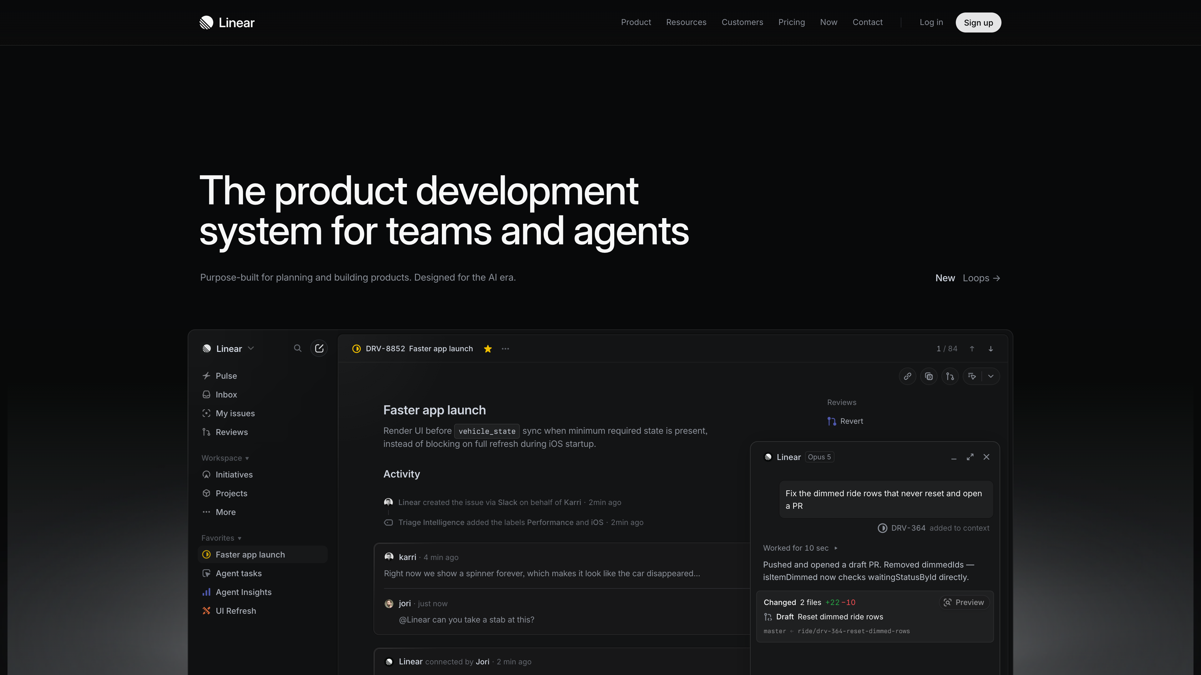The Linear homepage: the hero reads “The product development system for teams and agents,” above a product mockup showing an issue detail view, its activity feed, and the Linear Agent panel