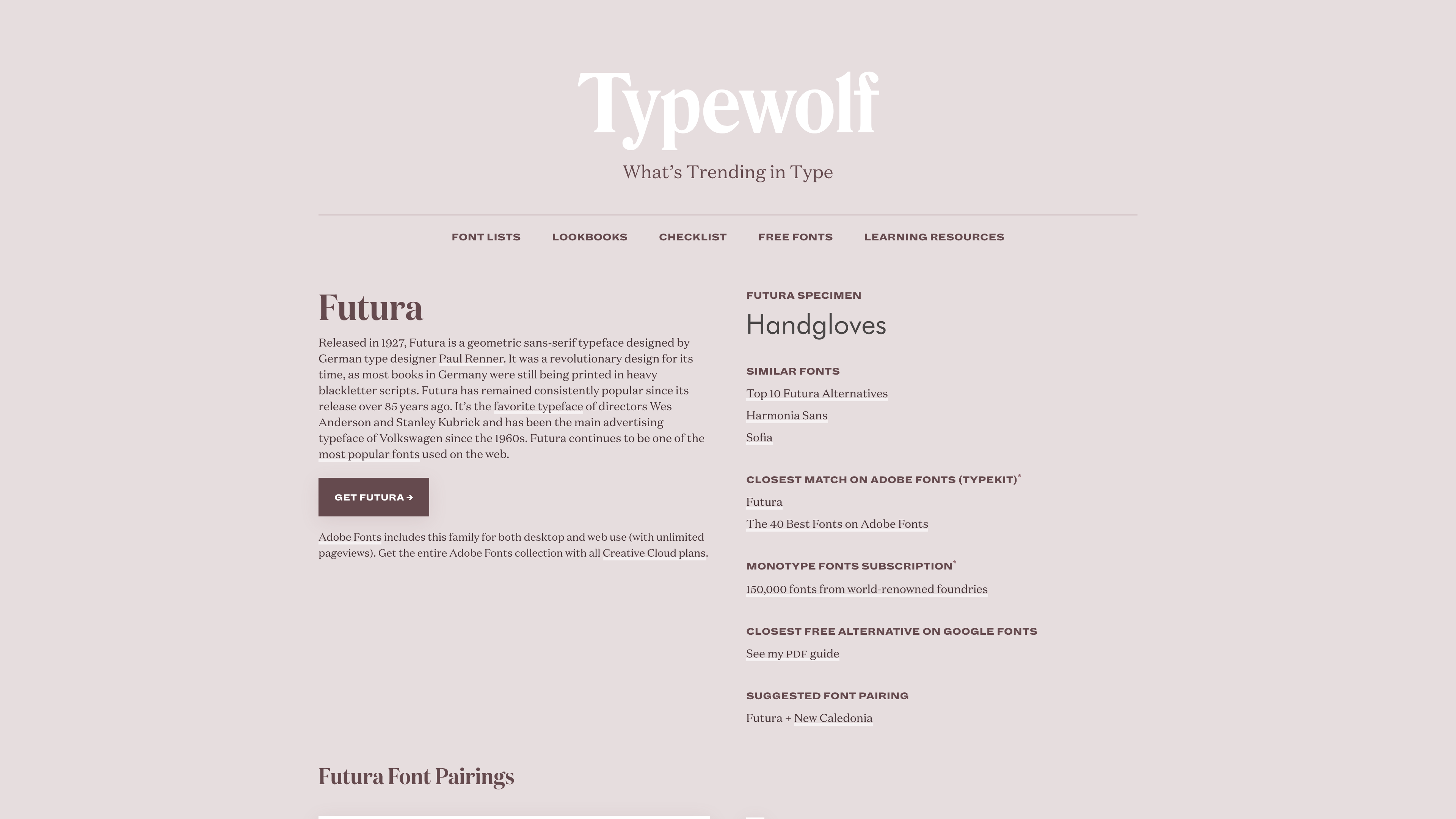 The Futura font page, with background, similar fonts, free alternatives, and pairing suggestions