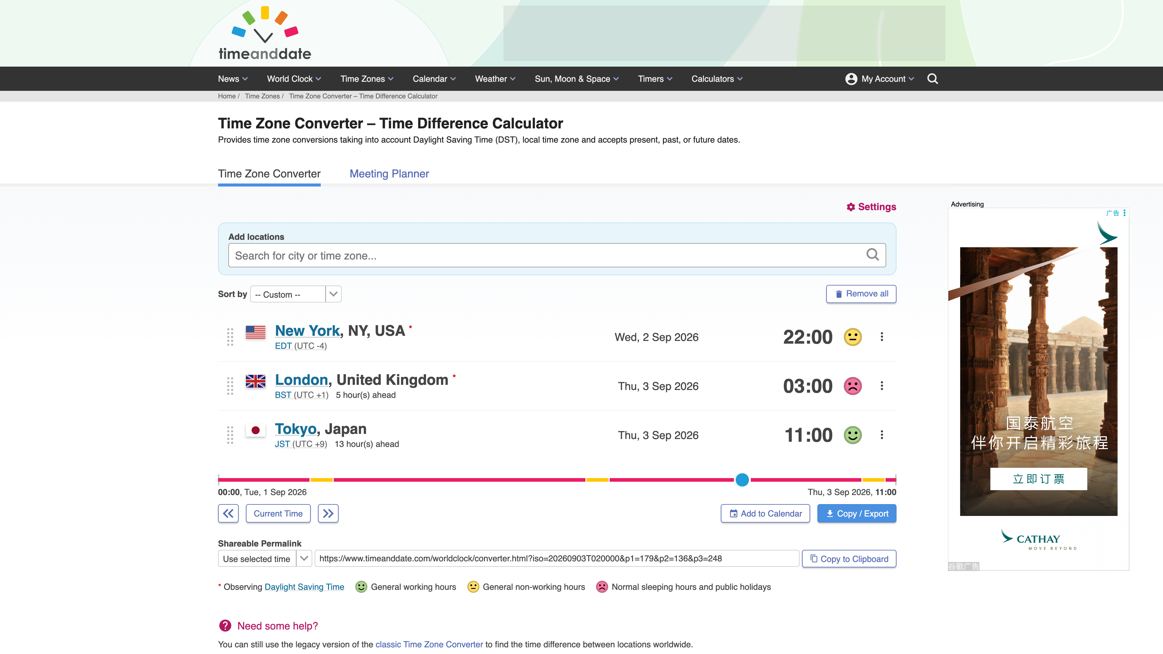The Time Zone Converter comparing New York (EDT, UTC-4), London (BST, UTC+1) and Tokyo (JST, UTC+9), with timeline slider and legend