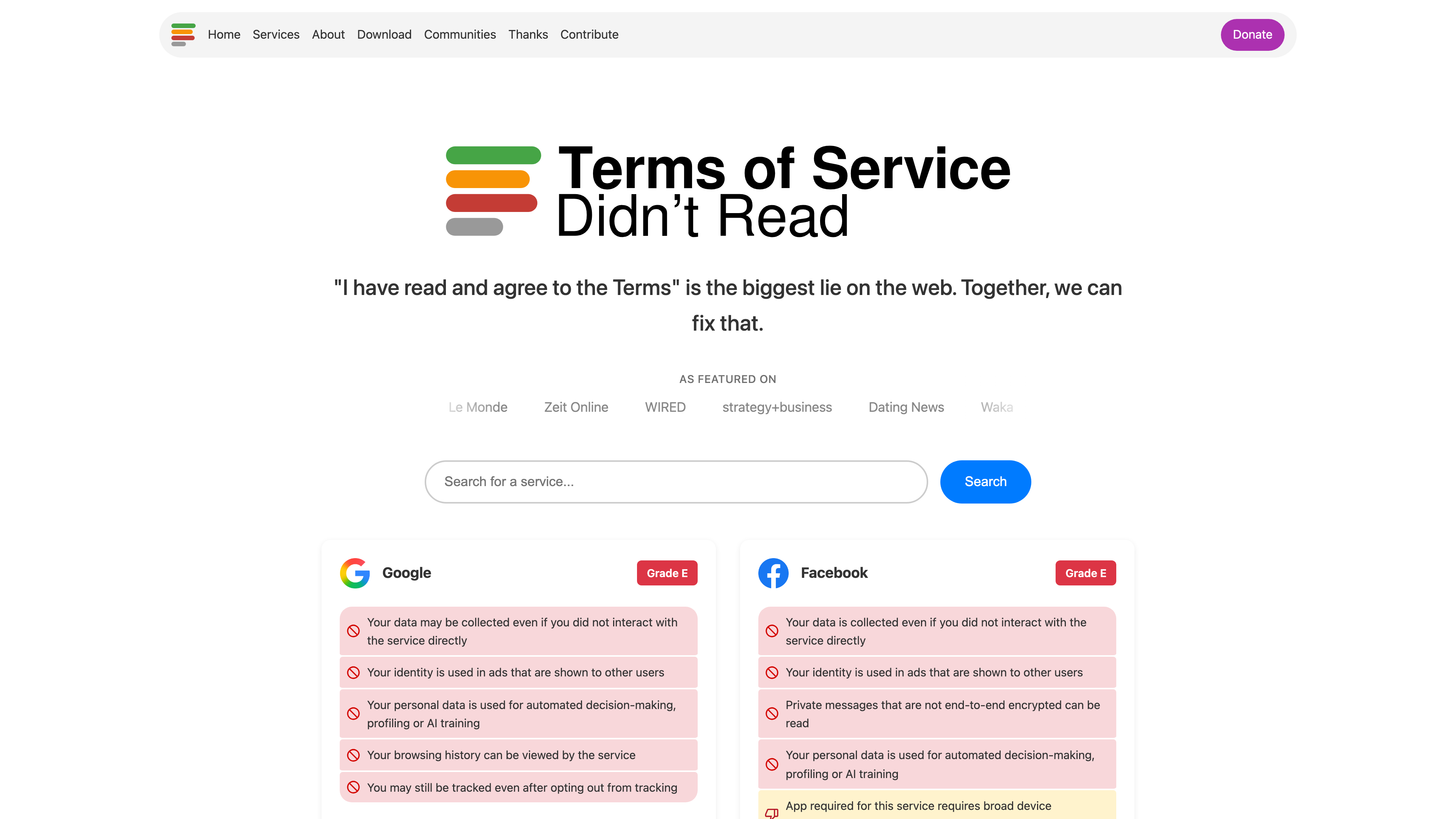 ToS;DR homepage: tagline, service search box, and grade cards for services such as Google and Facebook