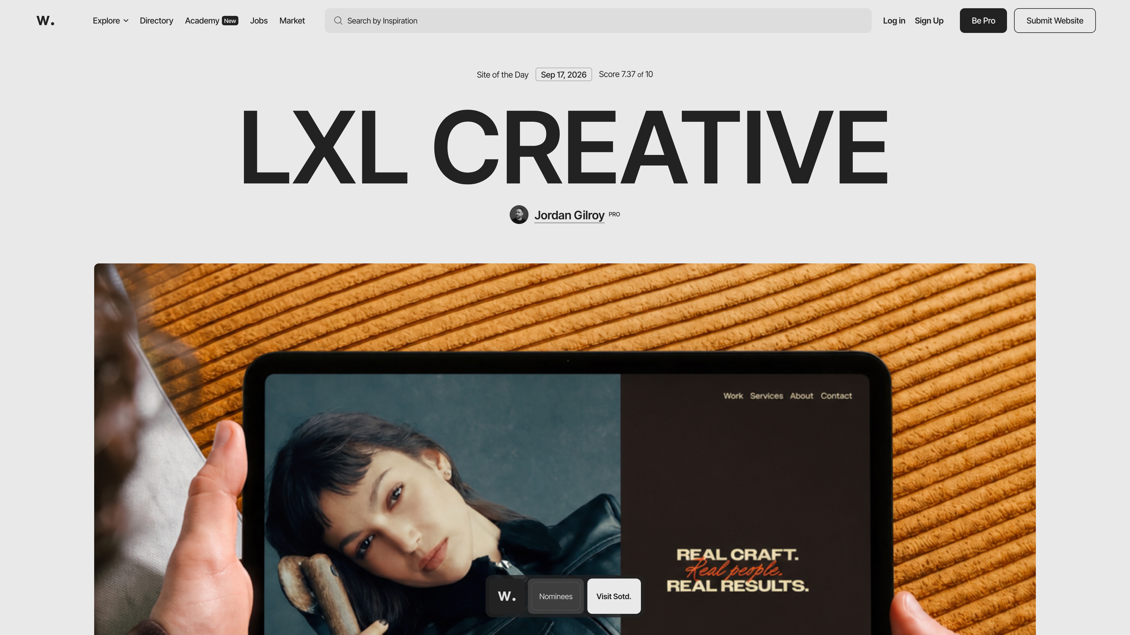 Awwwards homepage: the current Site of the Day with its jury score