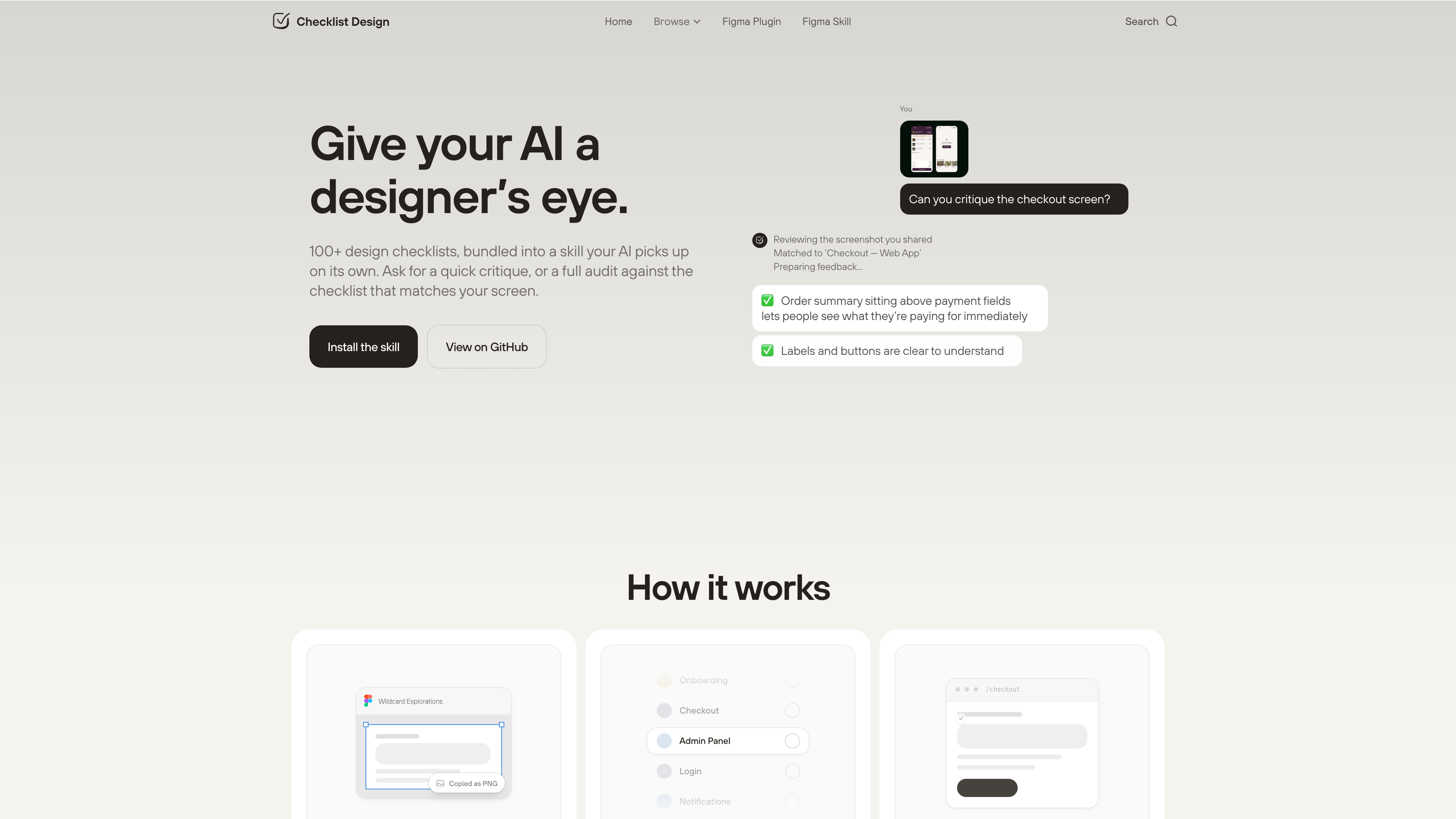 The agent skill page: one install command lets AI tools review designs against the checklists