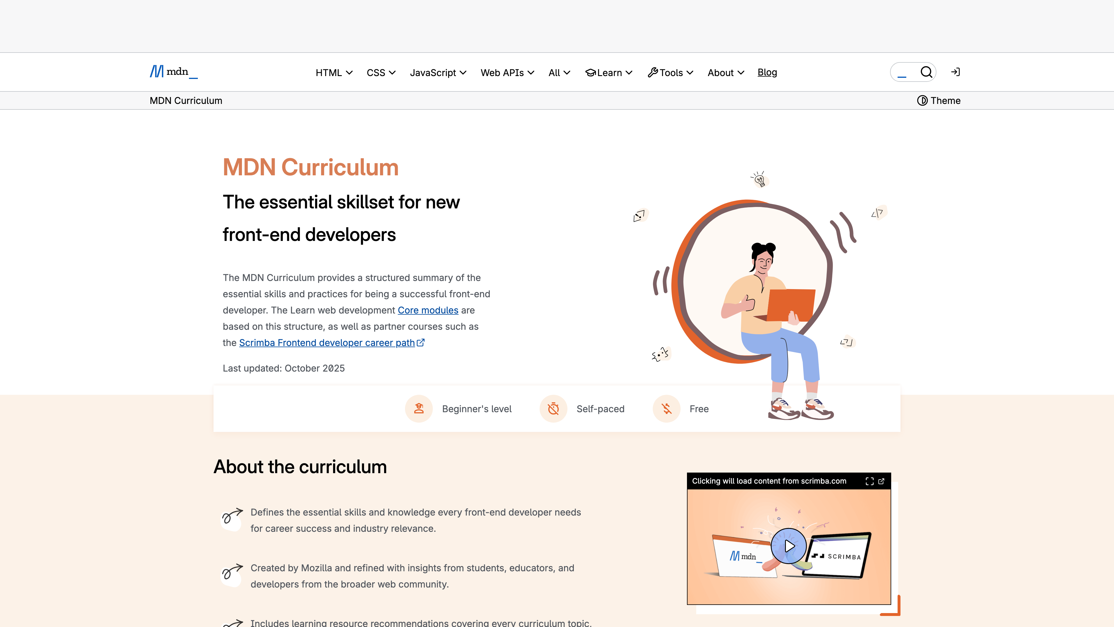 The MDN Curriculum page: the essential skillset for new front-end developers, free and self-paced