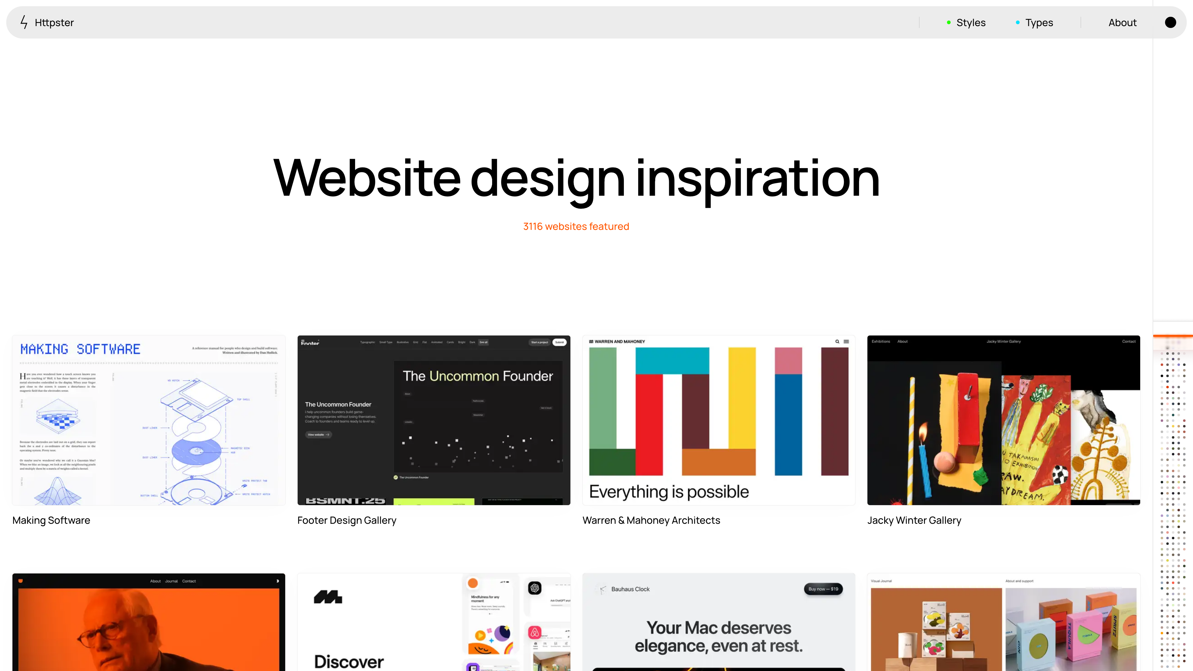 Httpster homepage: headline, total count and the latest additions grid