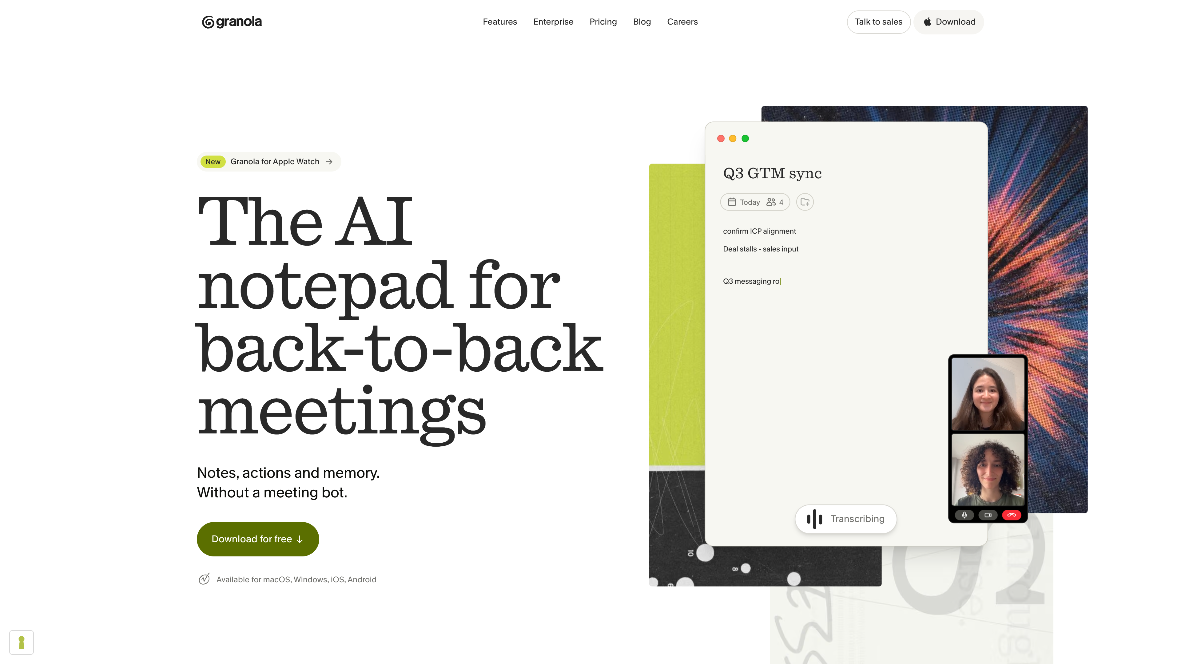 The Granola homepage: the “The AI notepad for back-to-back meetings” hero, noting support for macOS, Windows, iOS, and Android