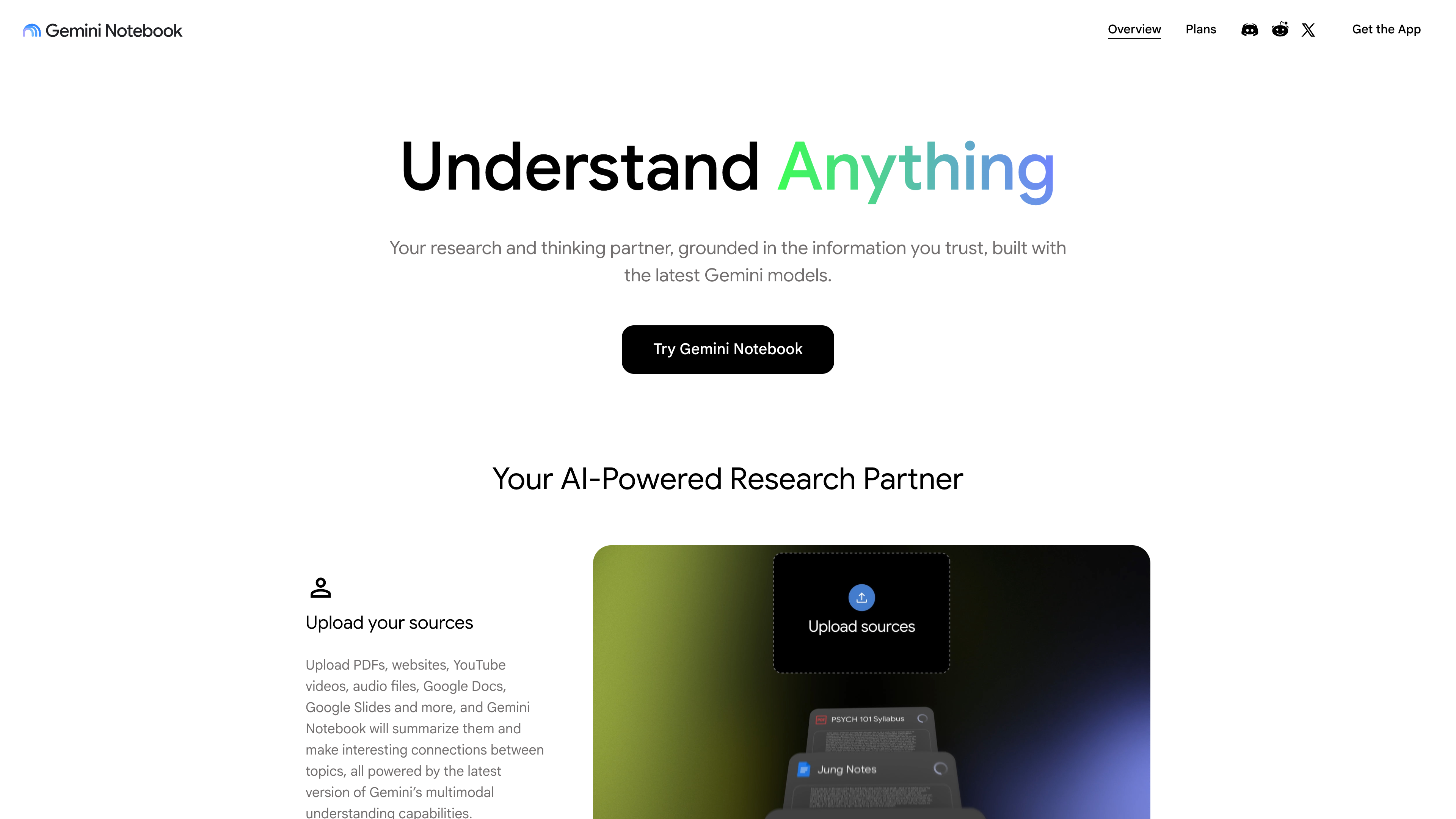 The Gemini Notebook landing page hero: the tagline “Understand Anything” with the subheading “grounded in the information you trust”