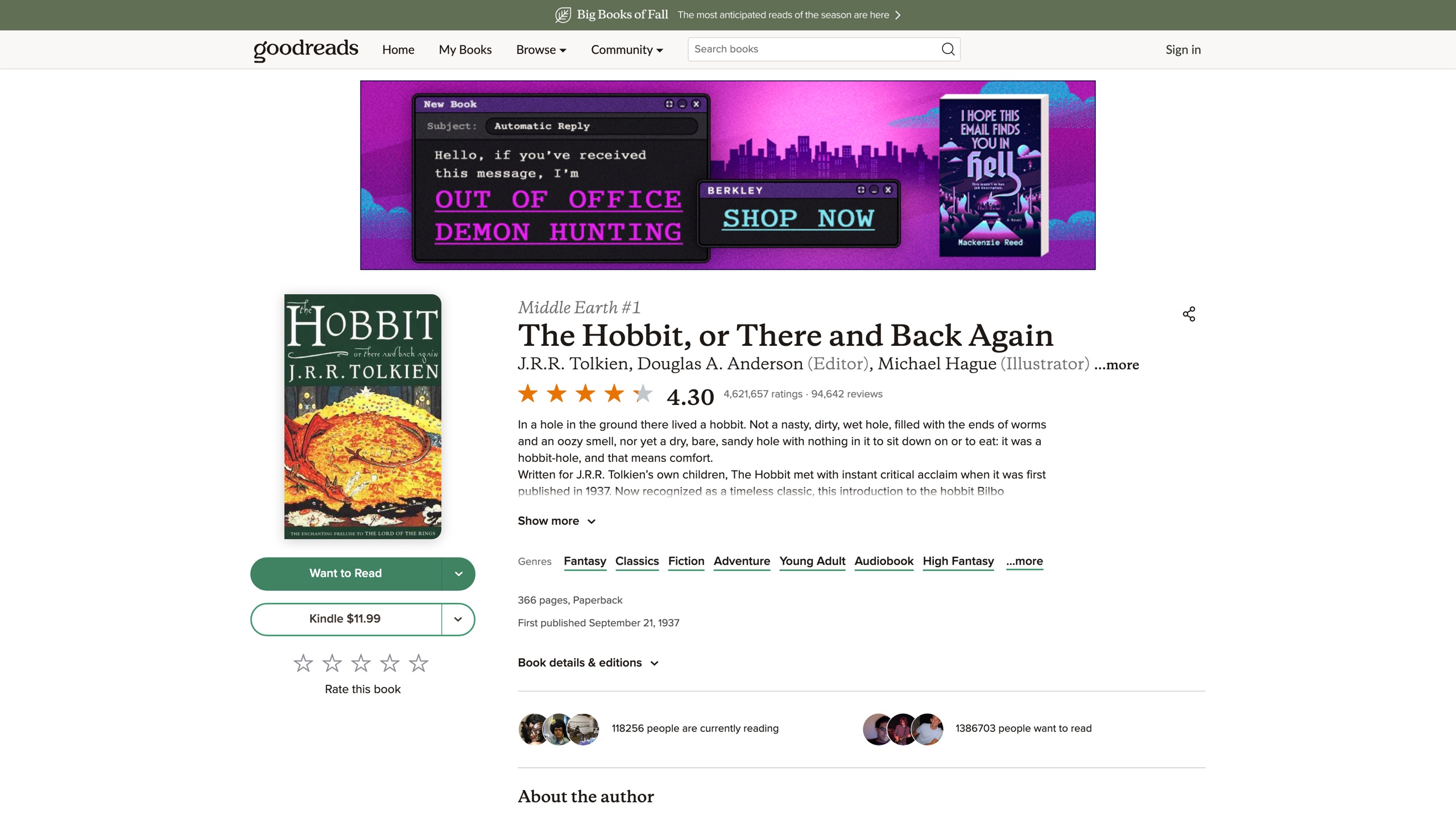 The Hobbit book page: cover art, the community's 4.30 rating, the Want to Read shelf button, and live reader counts