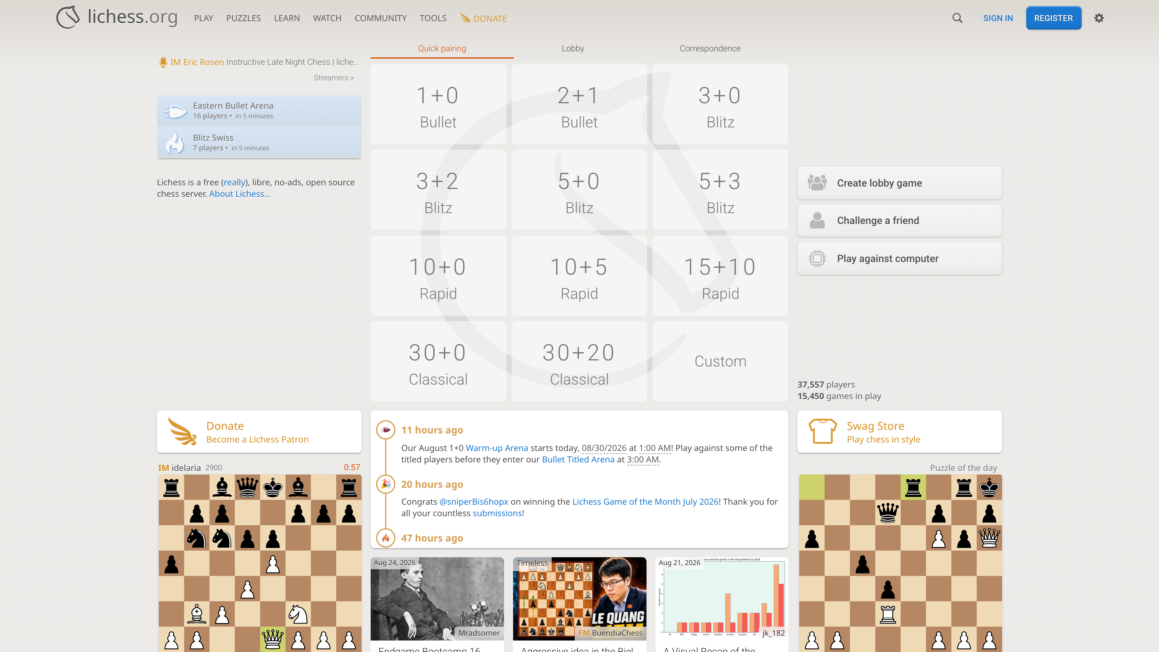 The Lichess homepage: the quick-pairing time-control grid, live player counts and the puzzle of the day