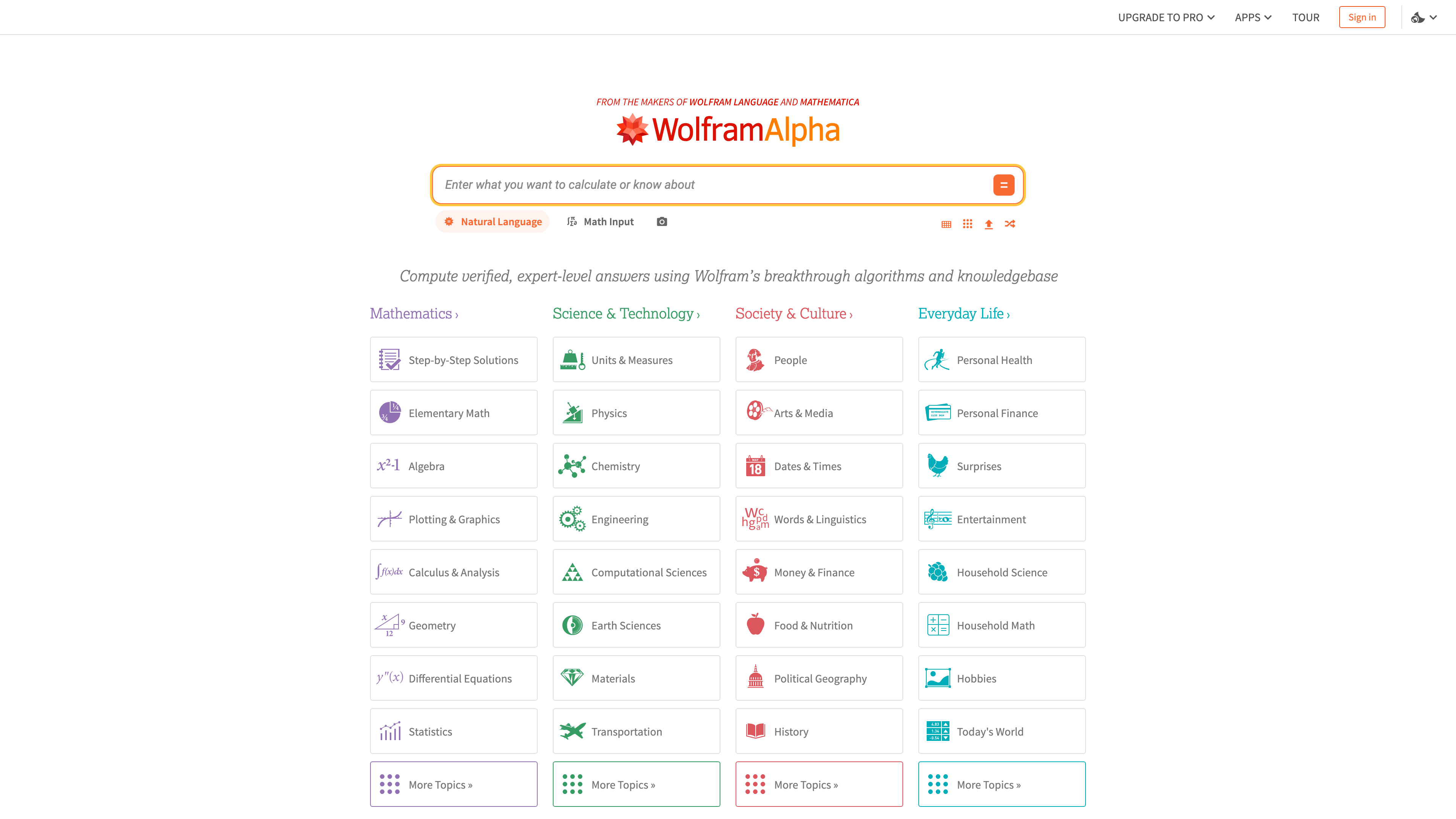 The Wolfram|Alpha English homepage: the search box and entry points organized by four topic groups