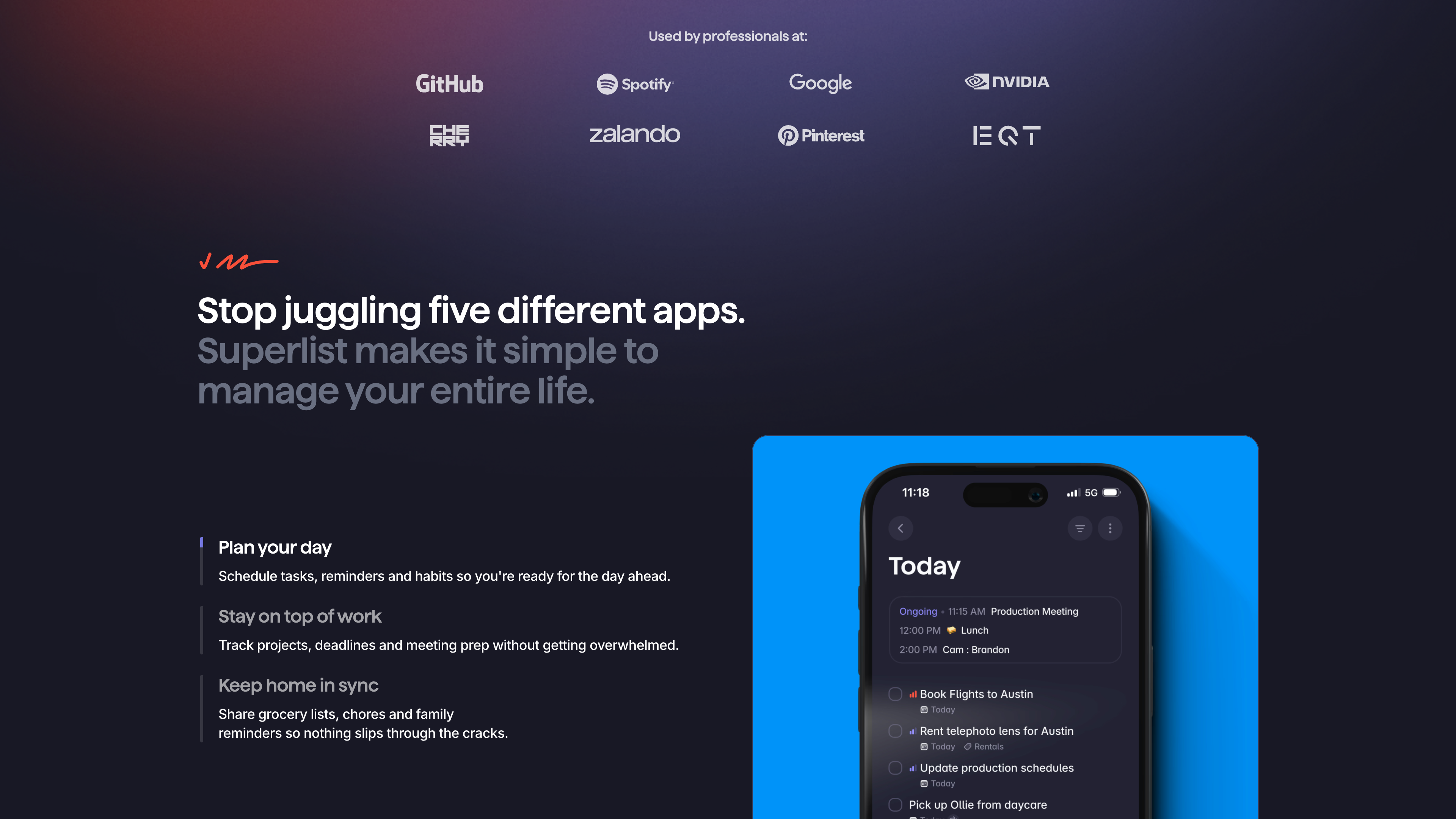 Superlist homepage feature section: the mobile Today view alongside three use cases — planning your day, staying on top of work, and keeping home in sync