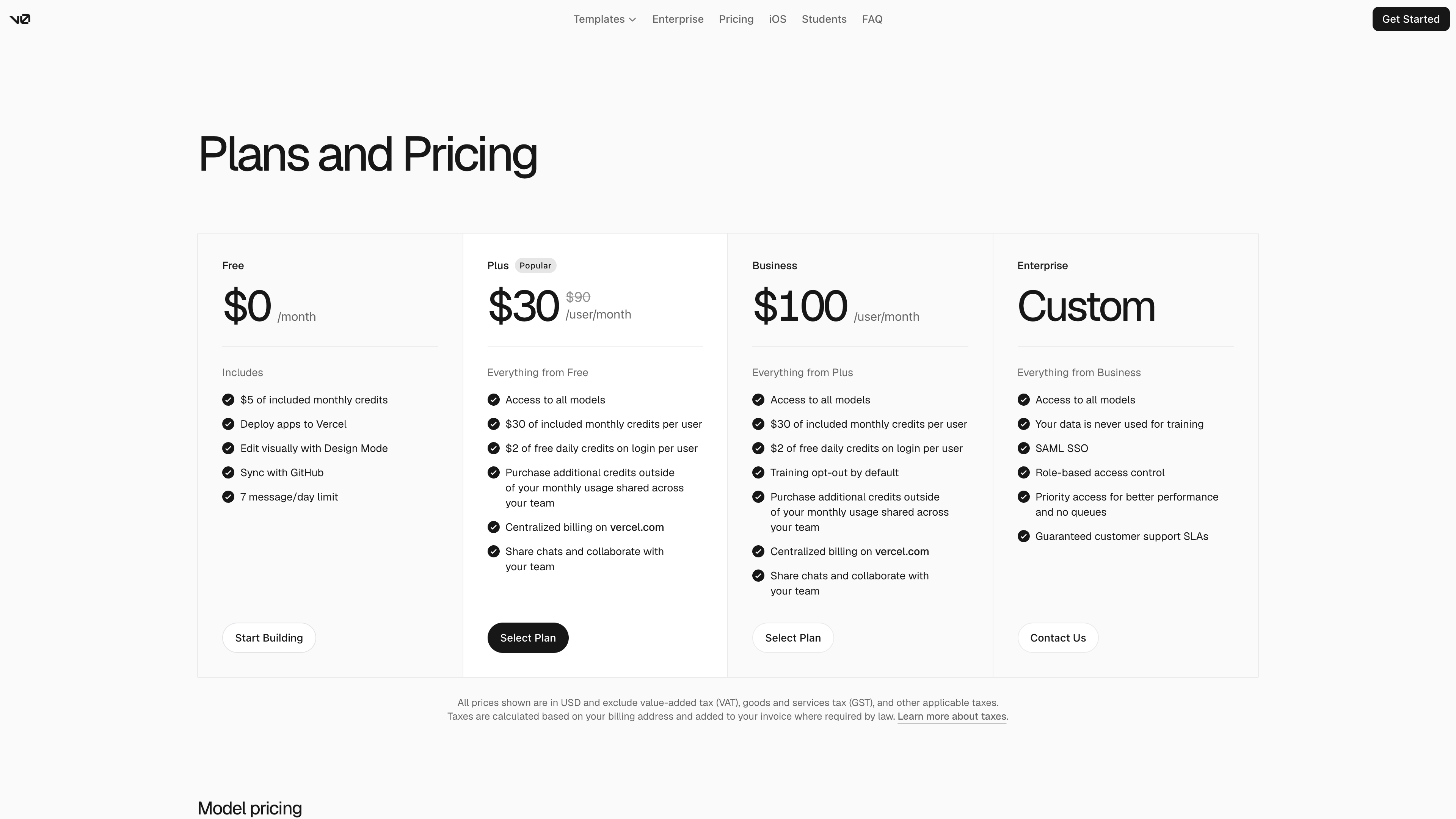The v0 pricing page: Free, Plus ($30/user/month), Business ($100/user/month), and Enterprise tiers