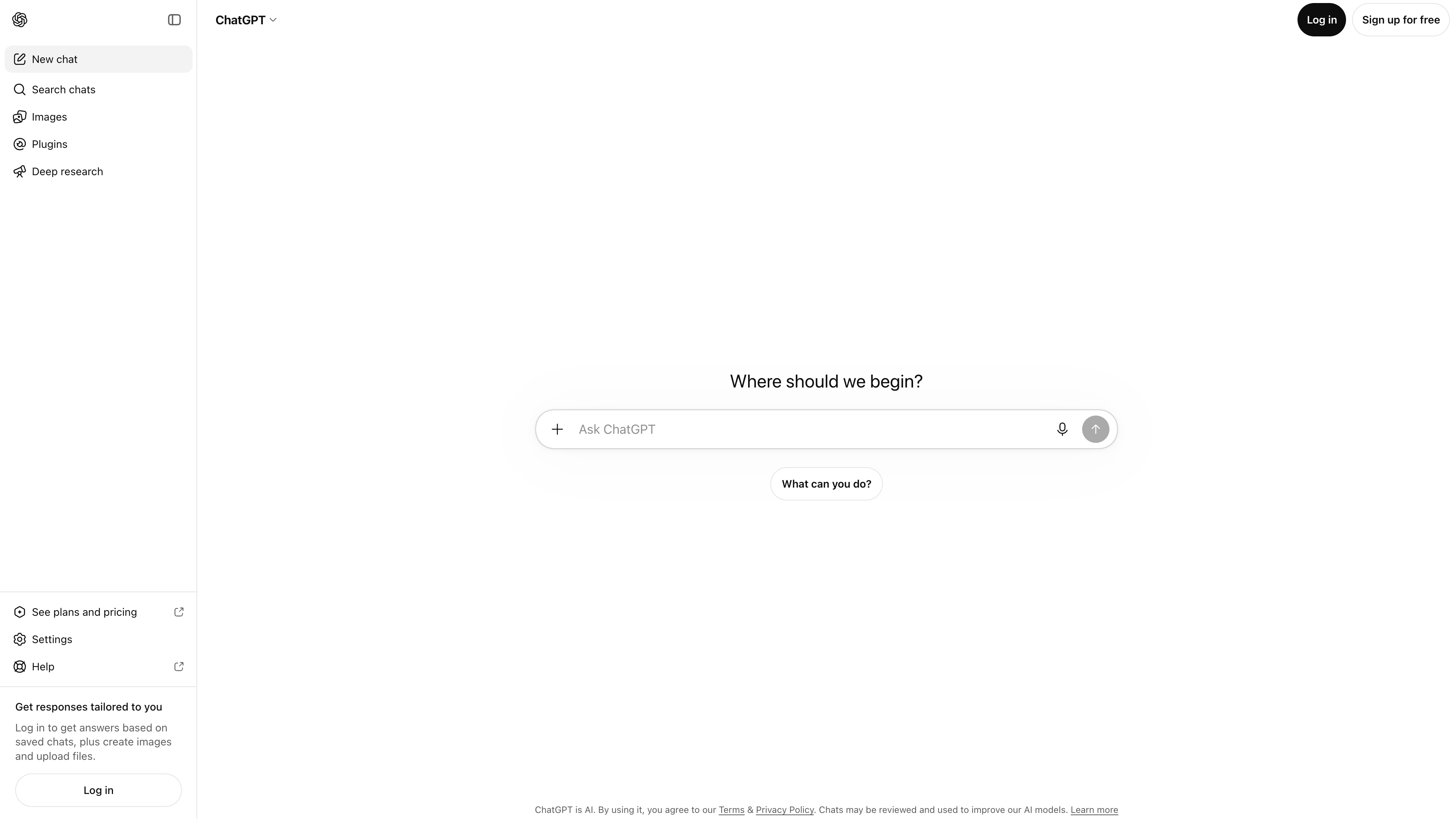 The ChatGPT homepage while signed out: a sidebar with New chat, Search, Images, Plugins and Deep research, and the message composer in the center