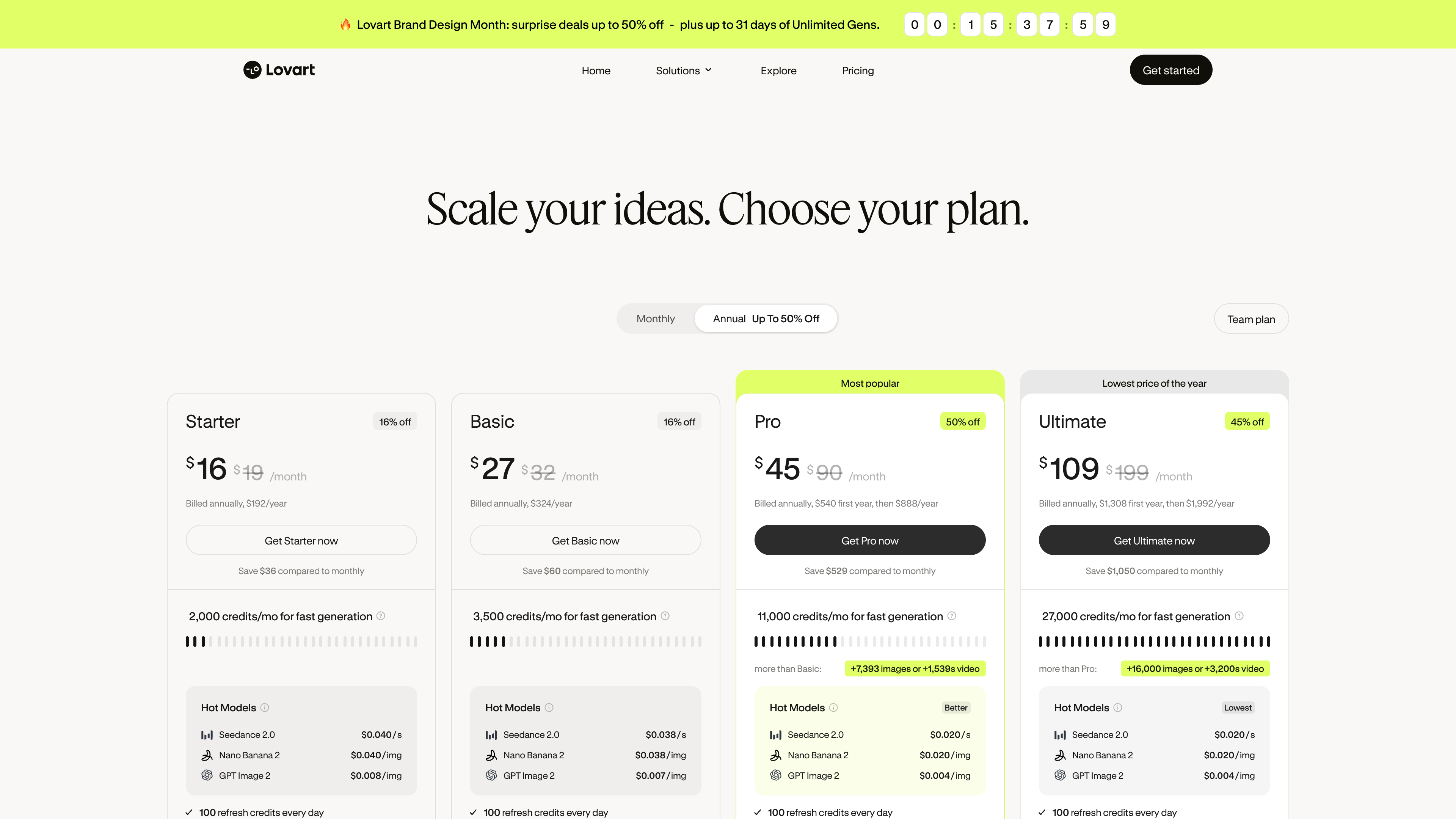 Lovart pricing page: the Starter, Basic, Pro, and Ultimate paid tiers alongside the free plan