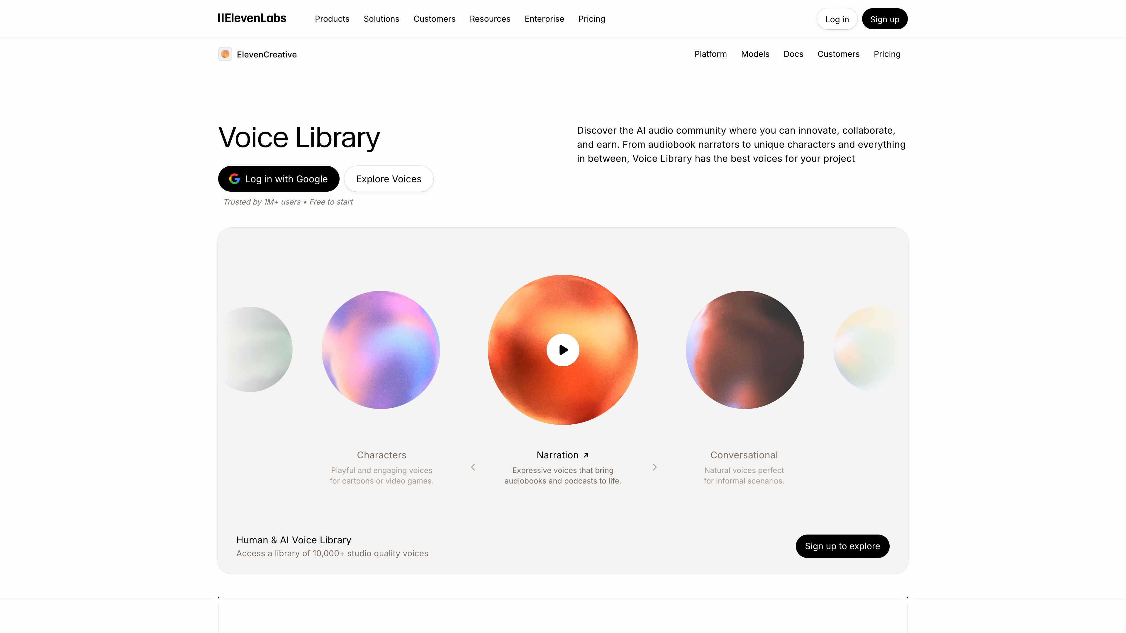 The Voice Library page: browse voices by scenario; the page advertises “10,000+ studio quality voices”