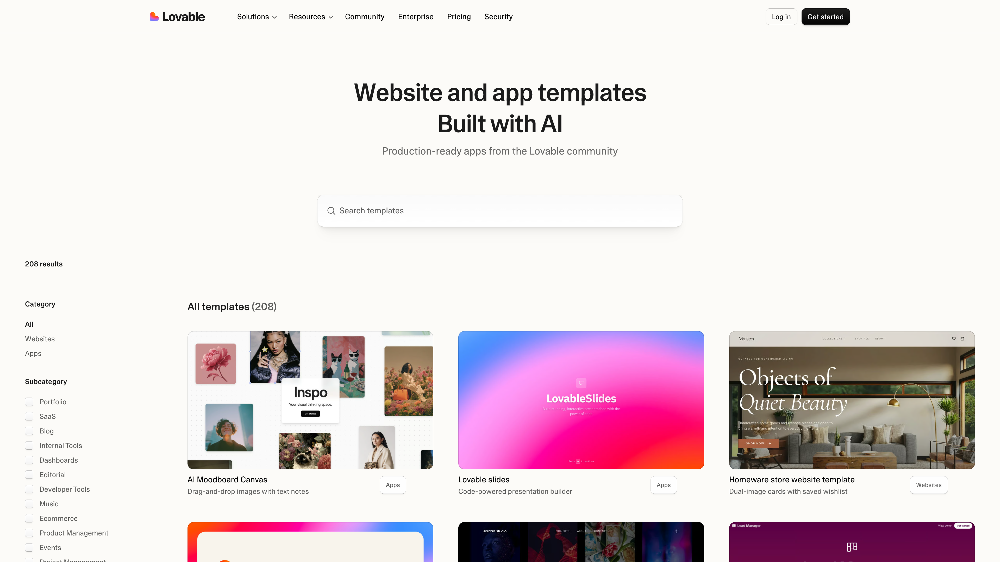 The Lovable template gallery: 208 remixable templates with category filters