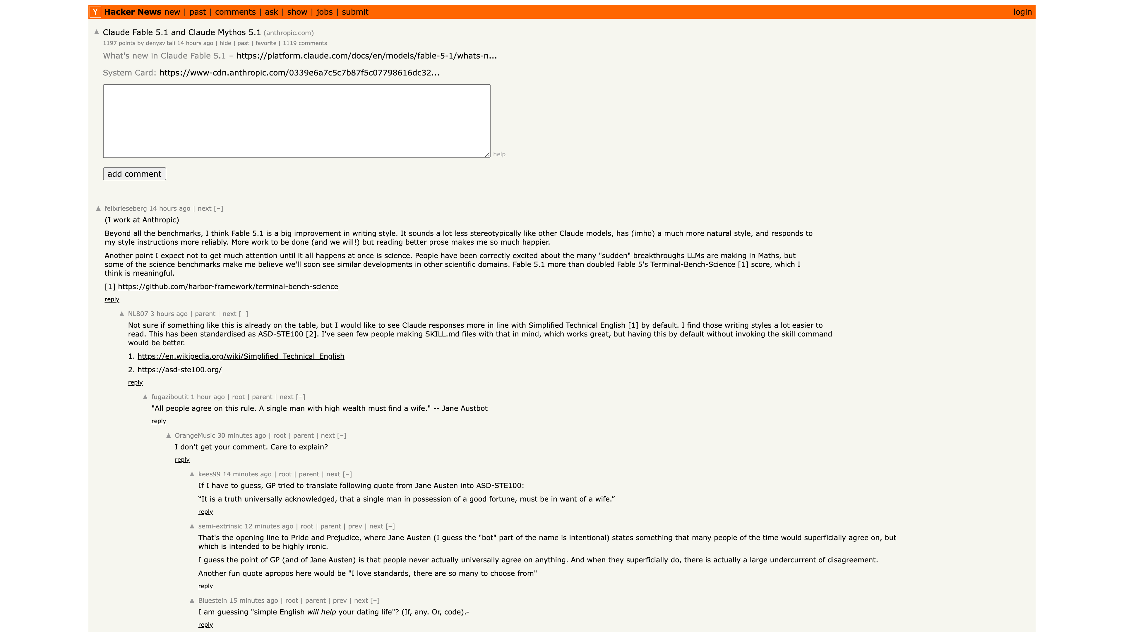 An example Hacker News discussion page: below the submission sit the comment box and a collapsible tree of nested comments