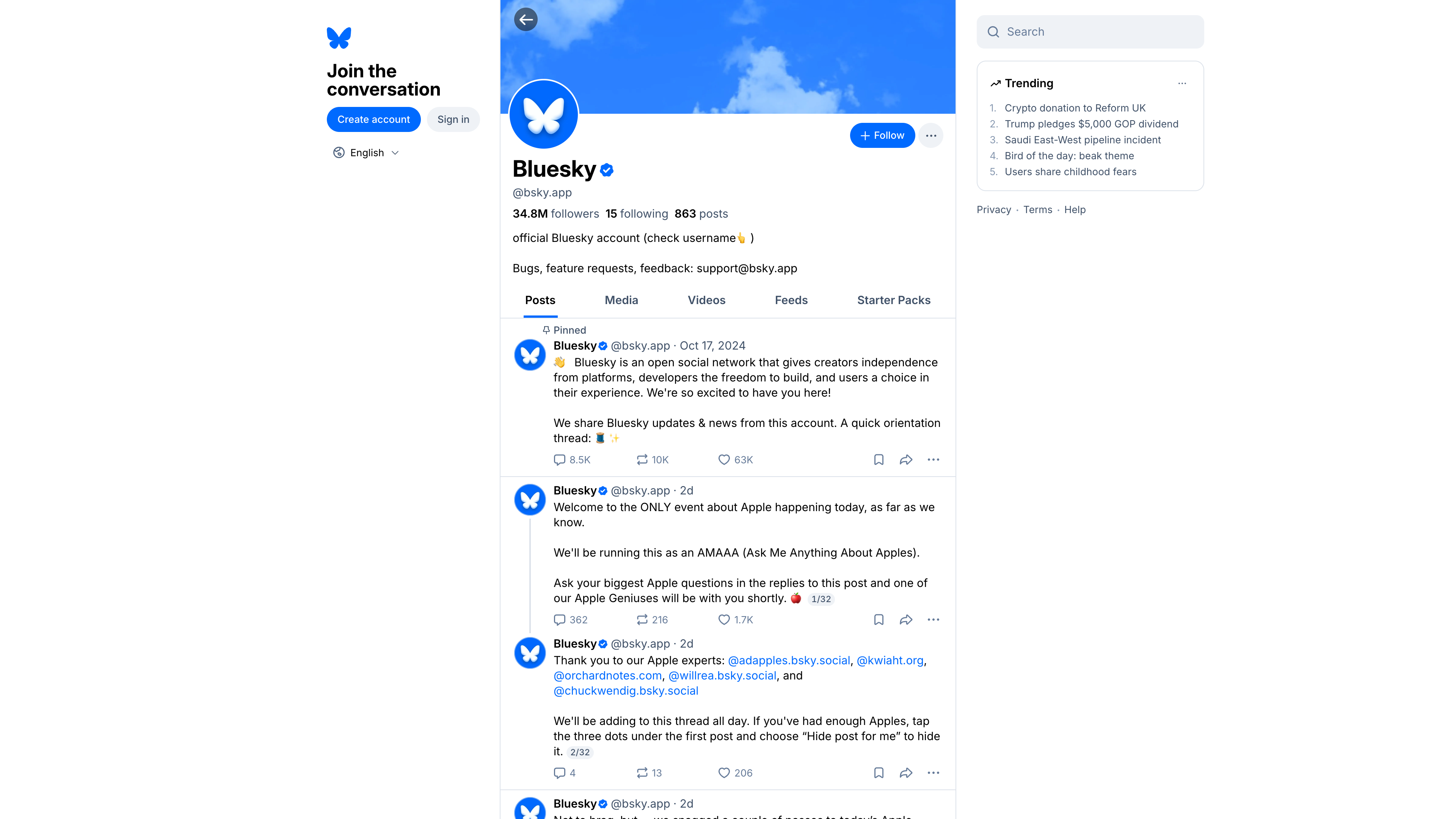 The official @bsky.app profile: blue verification badge, 34.8M followers, and tabs for Posts, Media, Videos, and Feeds