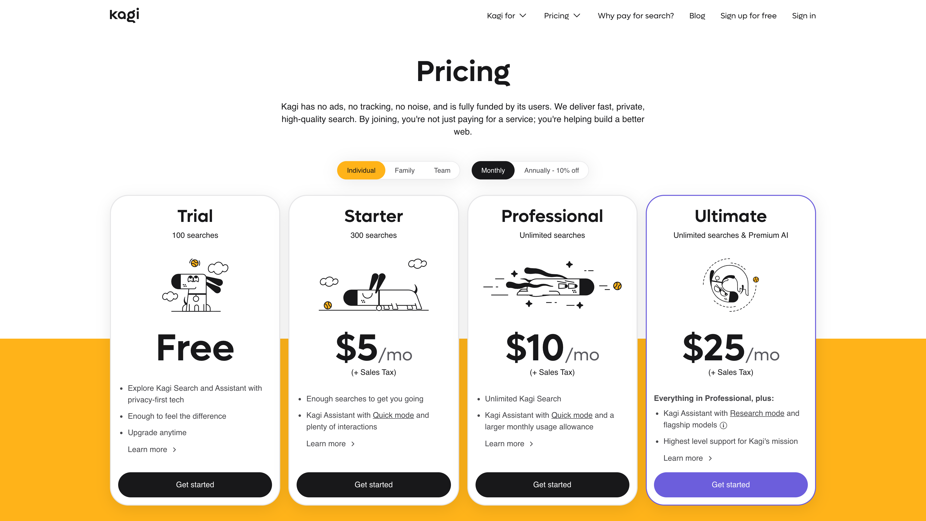 Kagi's pricing page: a free 100-search Trial, then Starter at $5, Professional at $10, and Ultimate at $25 per month