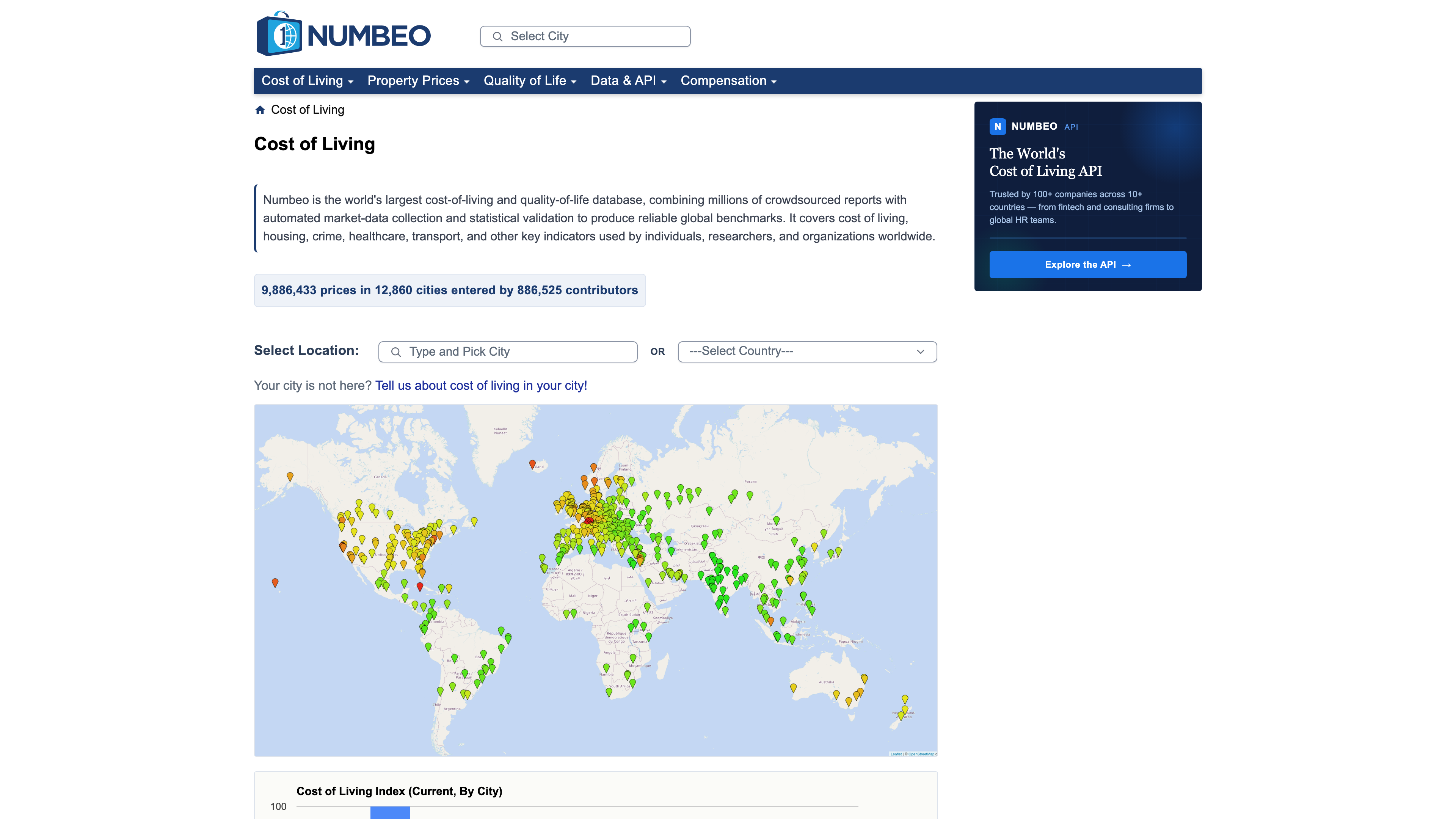 The Numbeo homepage: city selector, world-map coverage and live-updating contribution totals