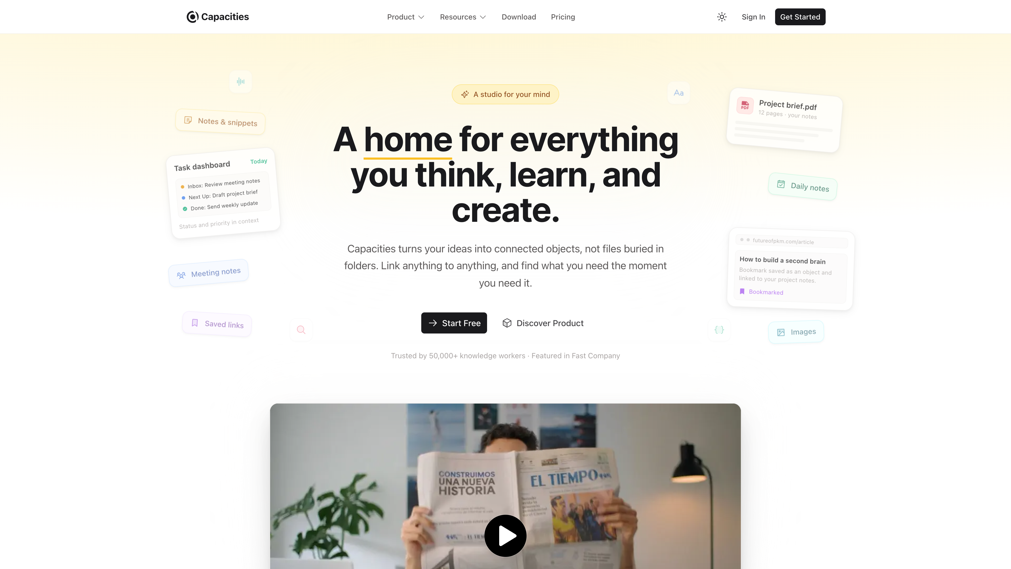 The Capacities homepage: the hero reads "A home for everything you think, learn, and create," surrounded by cards for a task dashboard, daily notes, a PDF, and saved links