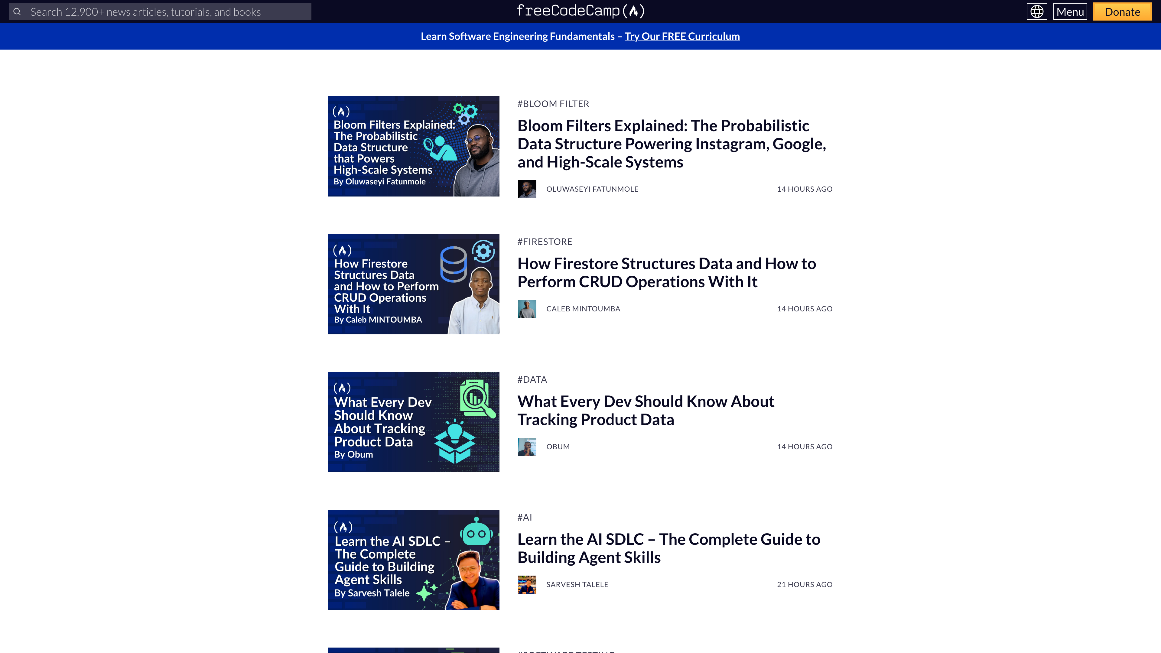 The freeCodeCamp /news publication homepage with recent tutorials
