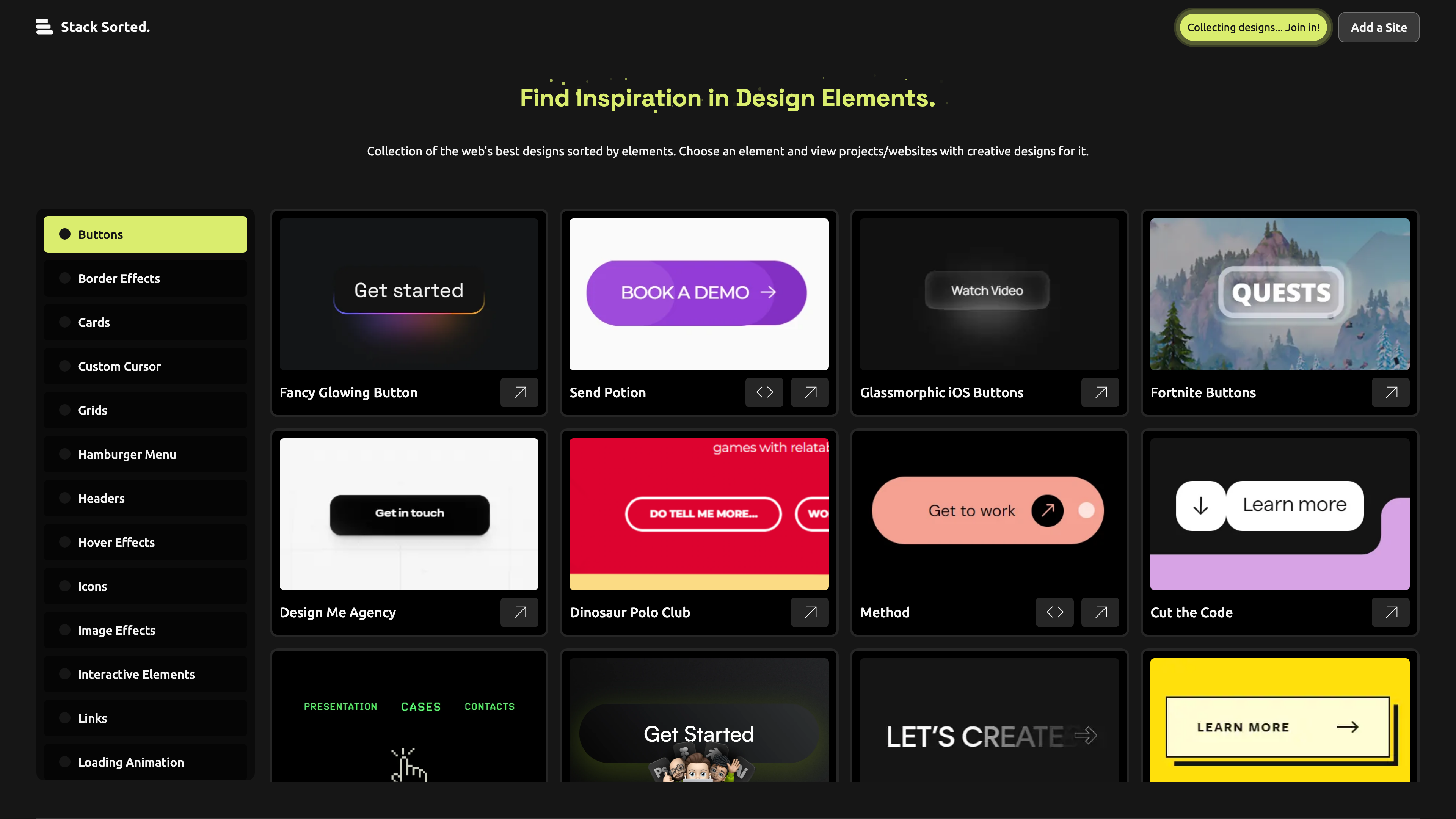 Stack Sorted homepage, which opens on the Buttons category