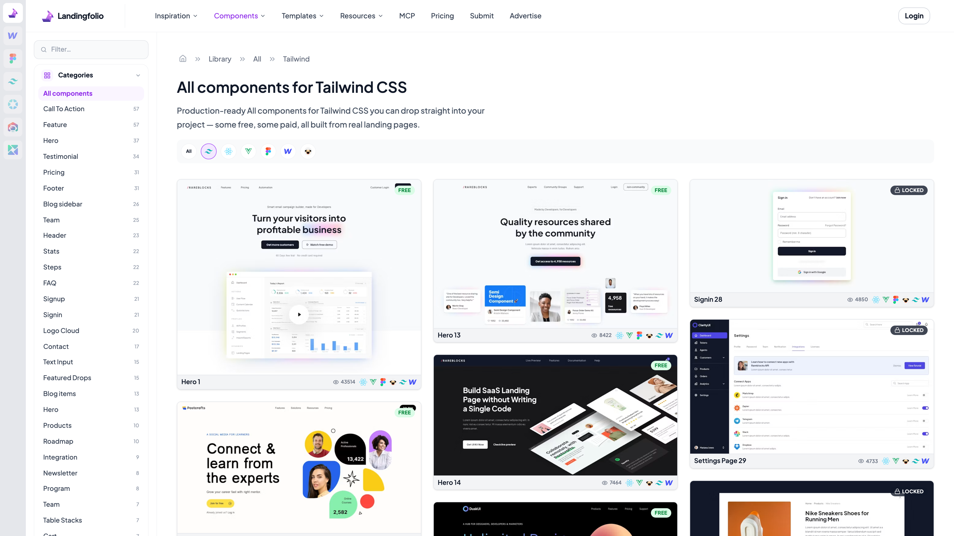 The Tailwind CSS component library: FREE and LOCKED badges side by side, framework icons on each card