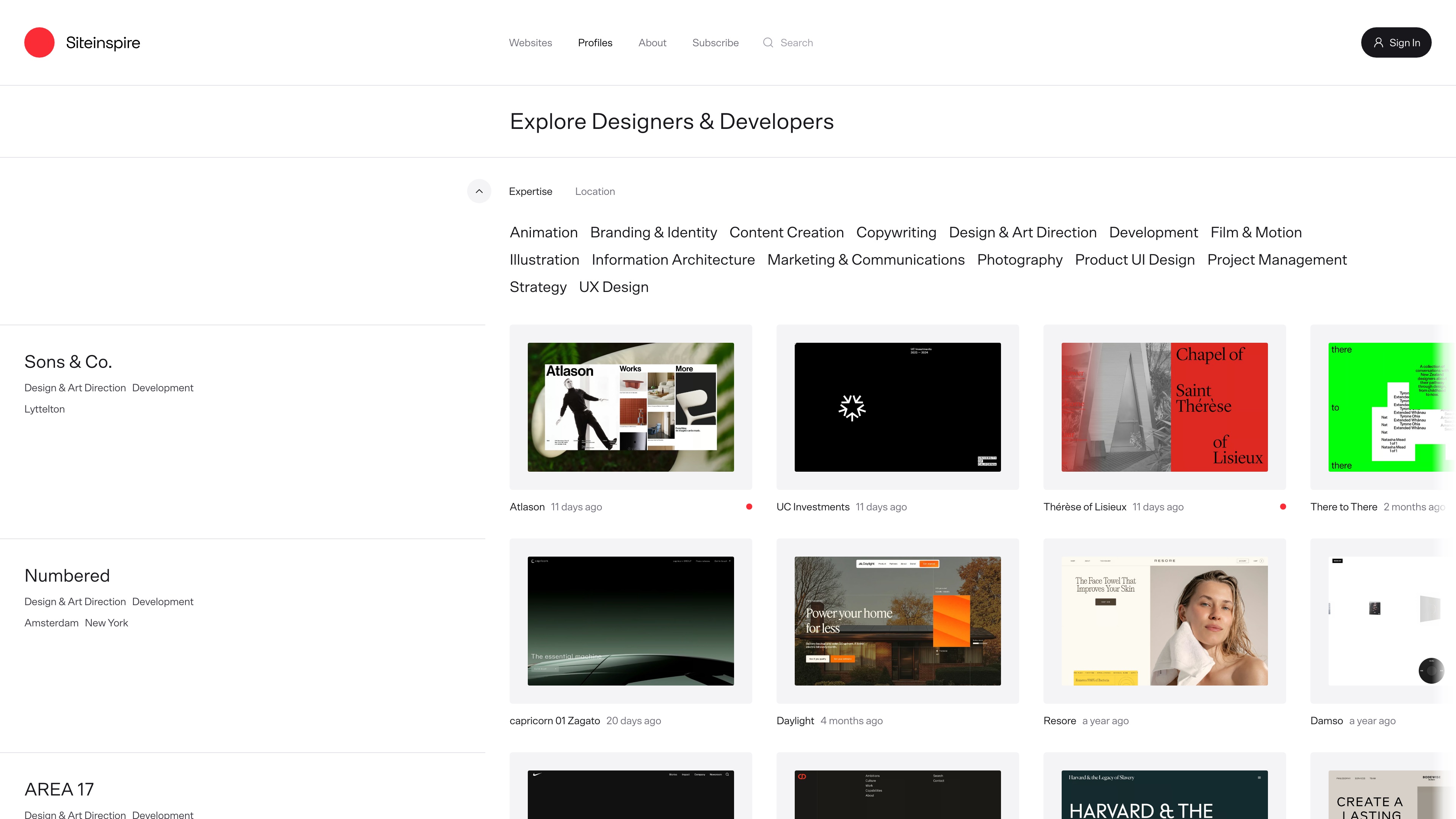 The Profiles Directory: profile name, disciplines, and location on the left, their featured websites on the right