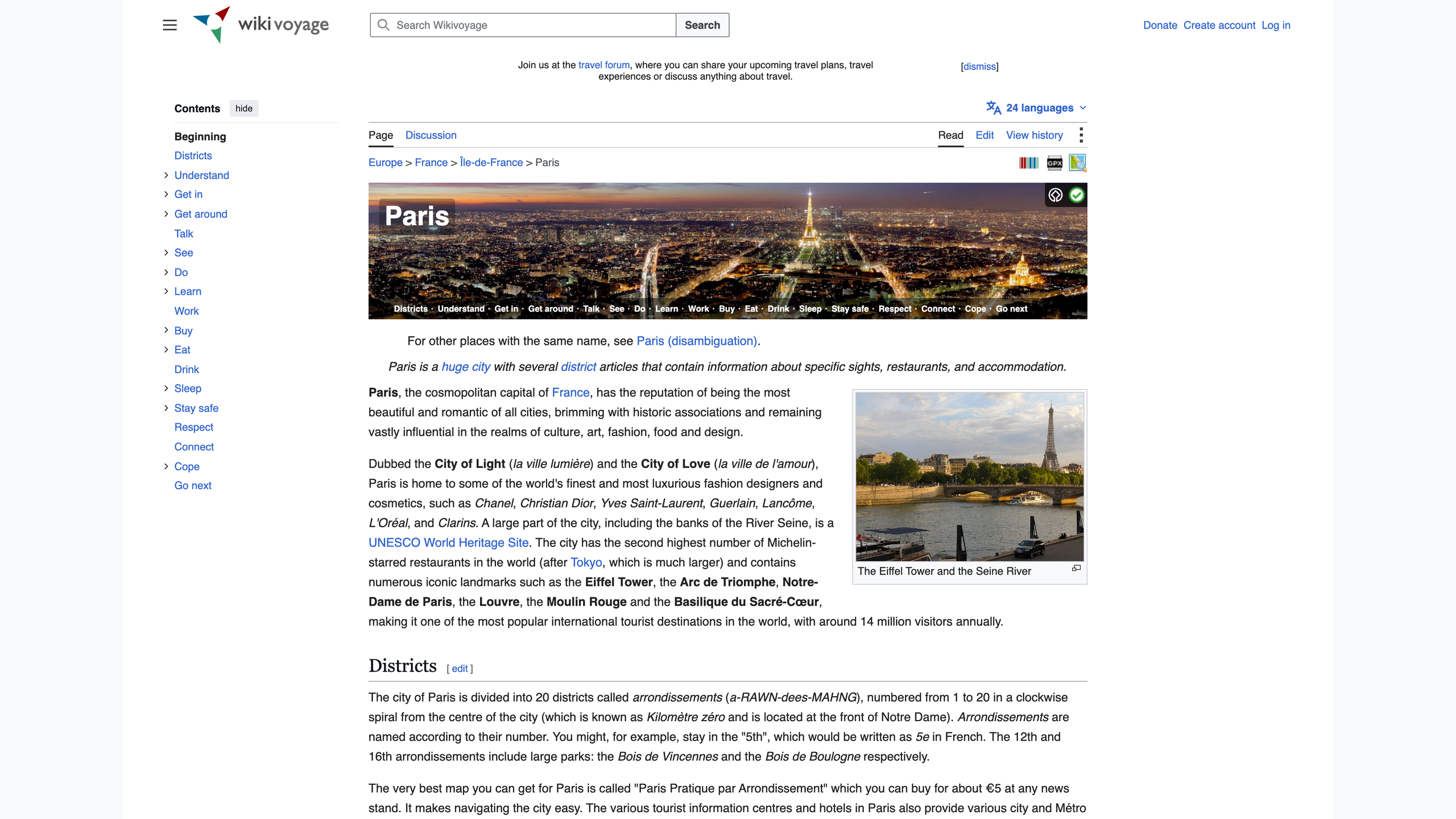 The English Wikivoyage article "Paris": page banner, breadcrumb trail and table of contents