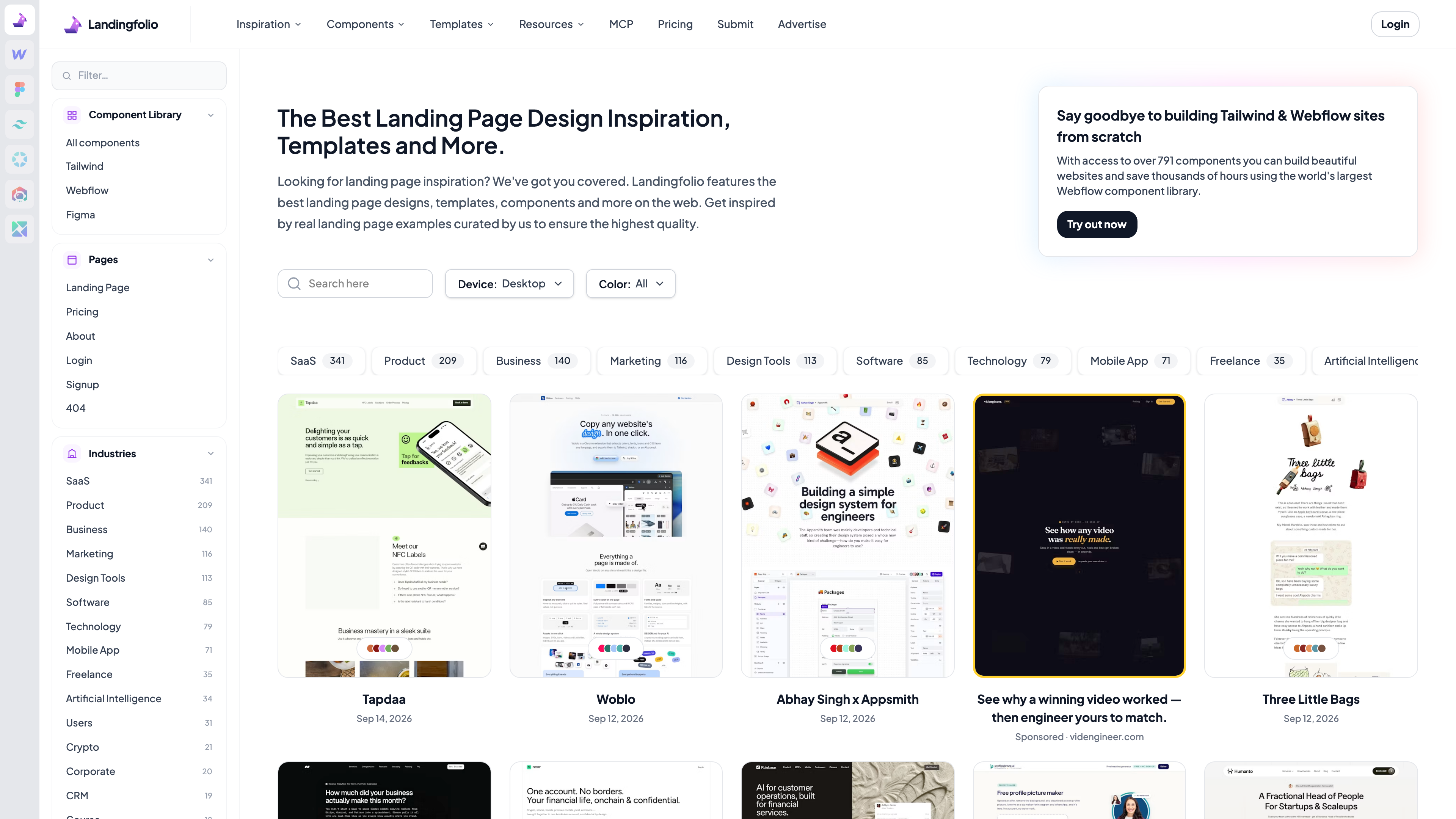 Landingfolio homepage: component library and industry navigation on the left, newest gallery entries in the center