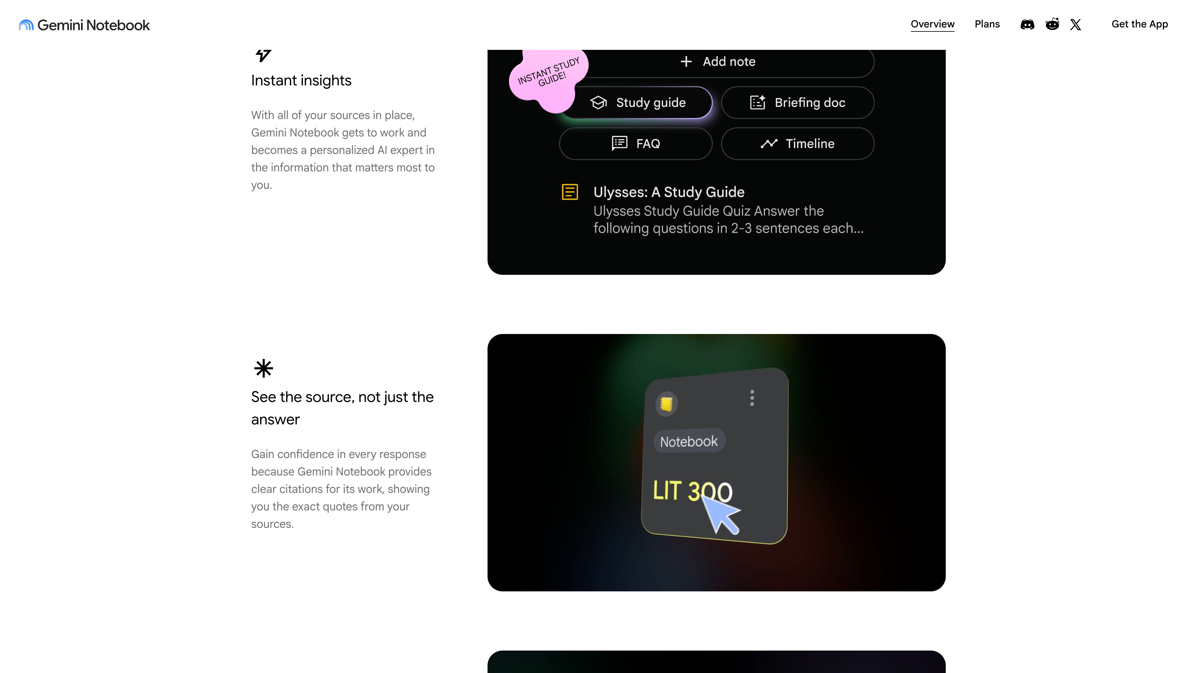 Feature sections of the landing page: “Instant insights” (one-click study guide, briefing doc, FAQ, and timeline) above “See the source, not just the answer” (citations that jump back to the original text)