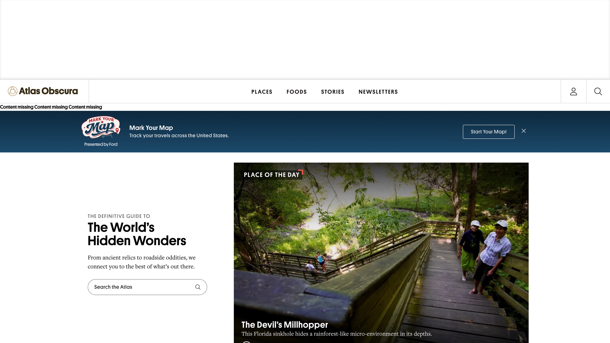 Atlas Obscura homepage: atlas-wide search box, Place of the Day, and top navigation